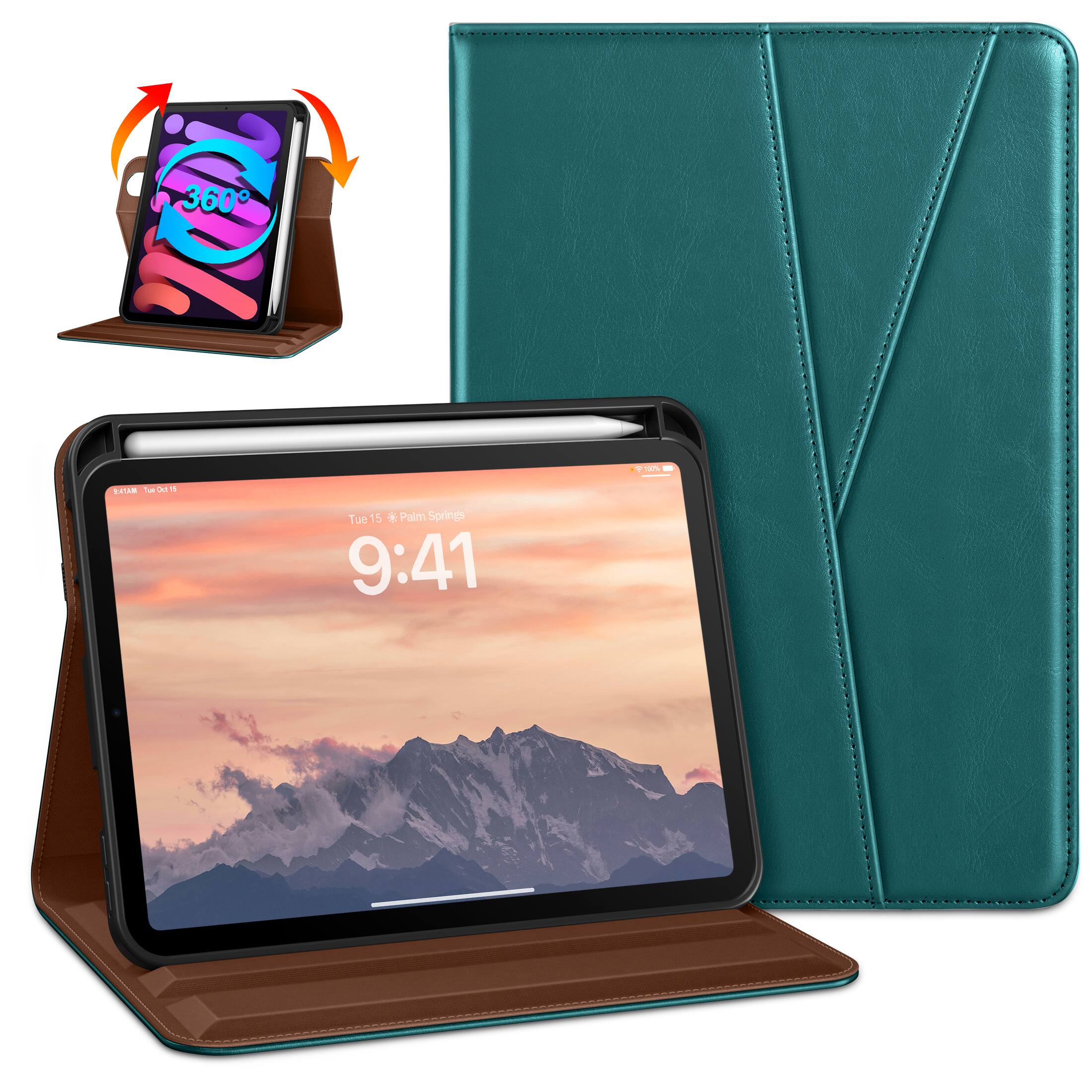 DTTO - Case for iPad Mini 7 (A17 Pro) 2024 / Mini 6 2021 - 360° Rotating Leather Folio with Pencil Holder - Green