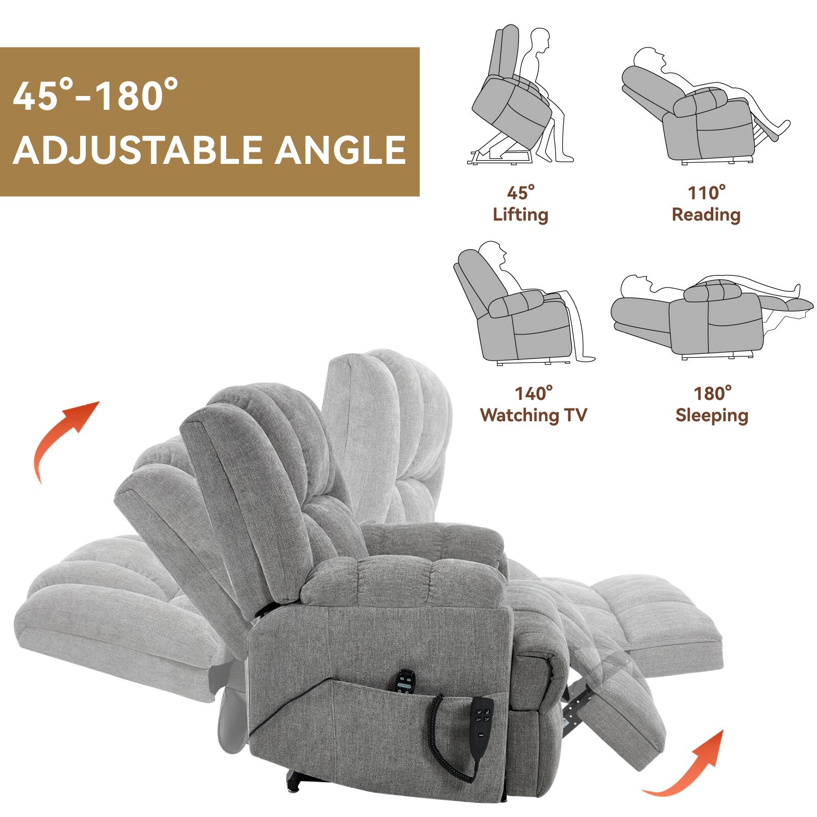 45°-180° Adjustable Angle

45° Lifting  
110° Reading  
140° Watching TV  
180° Sleeping