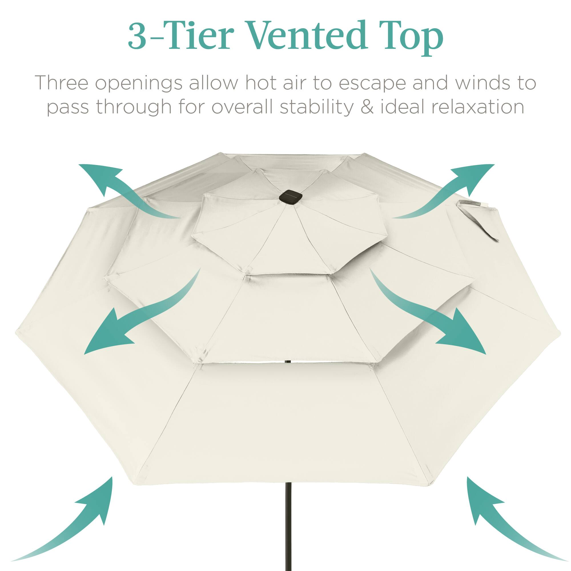 3-Tier Vented Top

Three openings allow hot air to escape and winds to pass through for overall stability & ideal relaxation