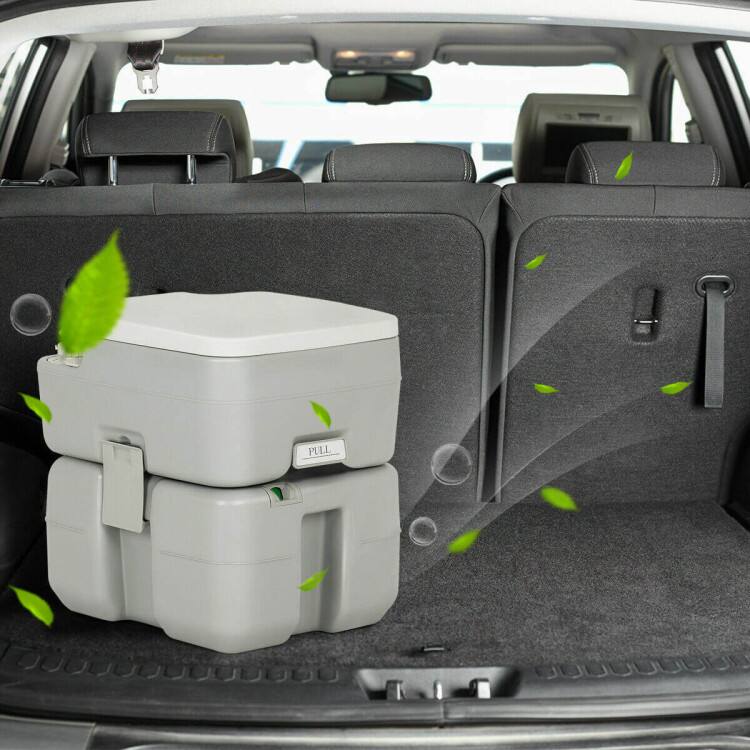 Angle. Mondawe - 5.3 Gallon Portable Travel Toilet with Piston Pump Flush for Camping RV Boating - Grey.