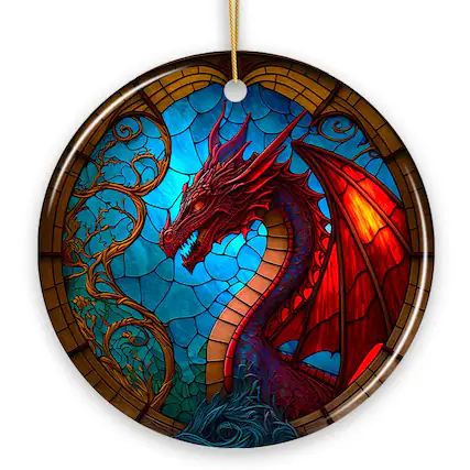 Front. OrnamentallyYou - Fierce Dragon Stained Glass Style Ceramic Ornament Unique Goth Tree Decor - Multi-colored.