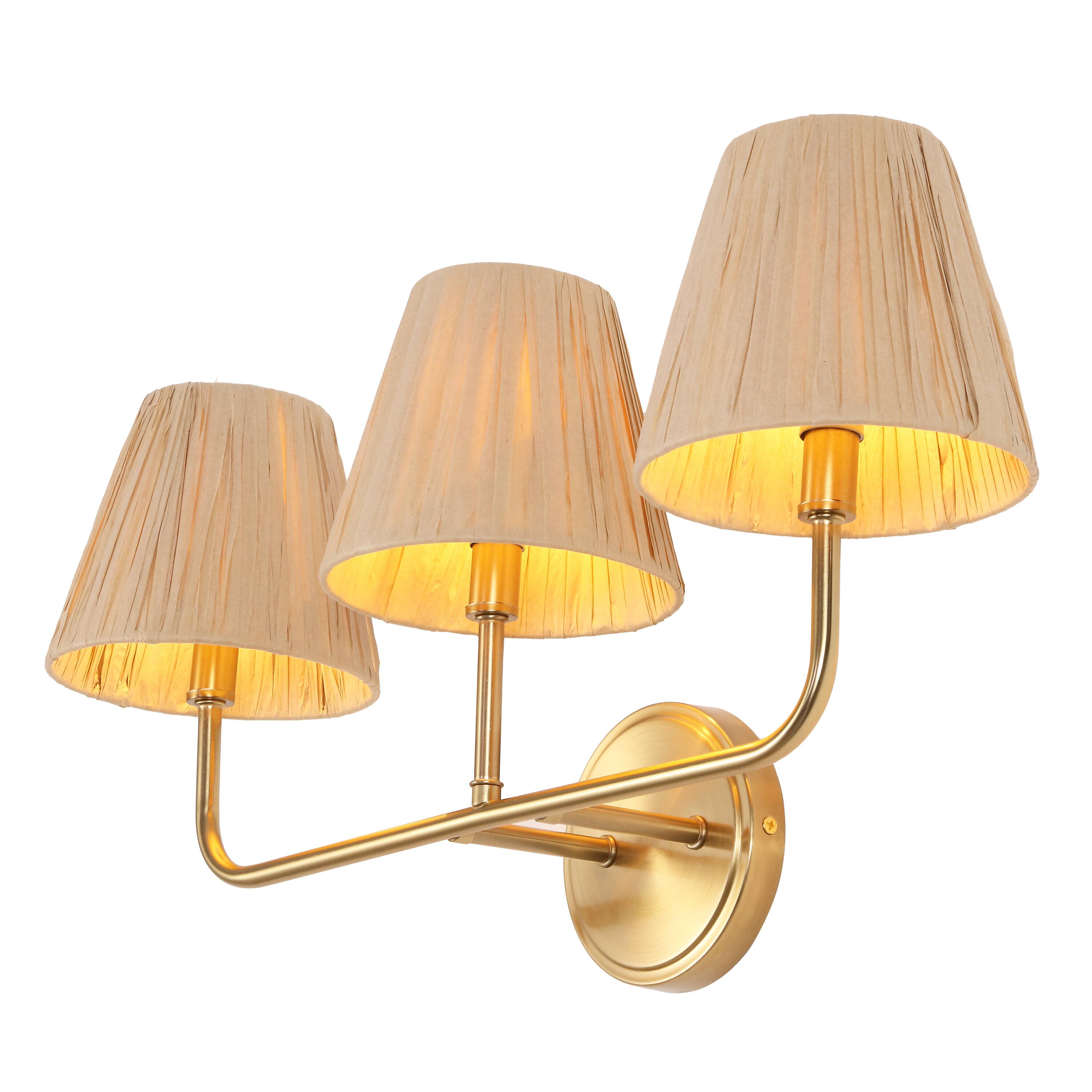 Alt View 7. Jonathan Y - Malaya 22.75" 3-Light Bohemian Coastal Metal Pleated Paper Shade LED Vanity Light, Beige/Brass Gold - Brass Gold/Beige.