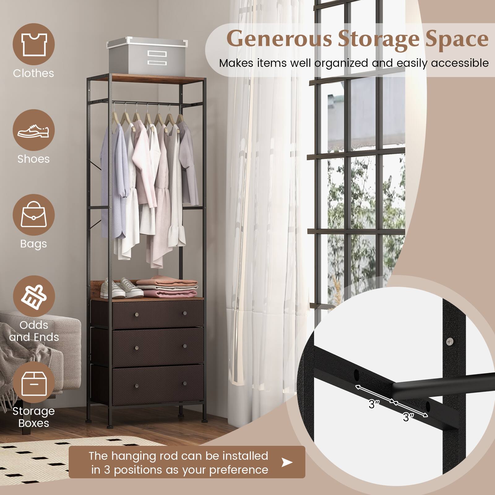 Clothes, Shoes, Bags, Odds and Ends, Storage Boxes, Generous Storage Space, The hanging rod can be installed in 3 positions as your preference, Makes items well organized and easily accessible