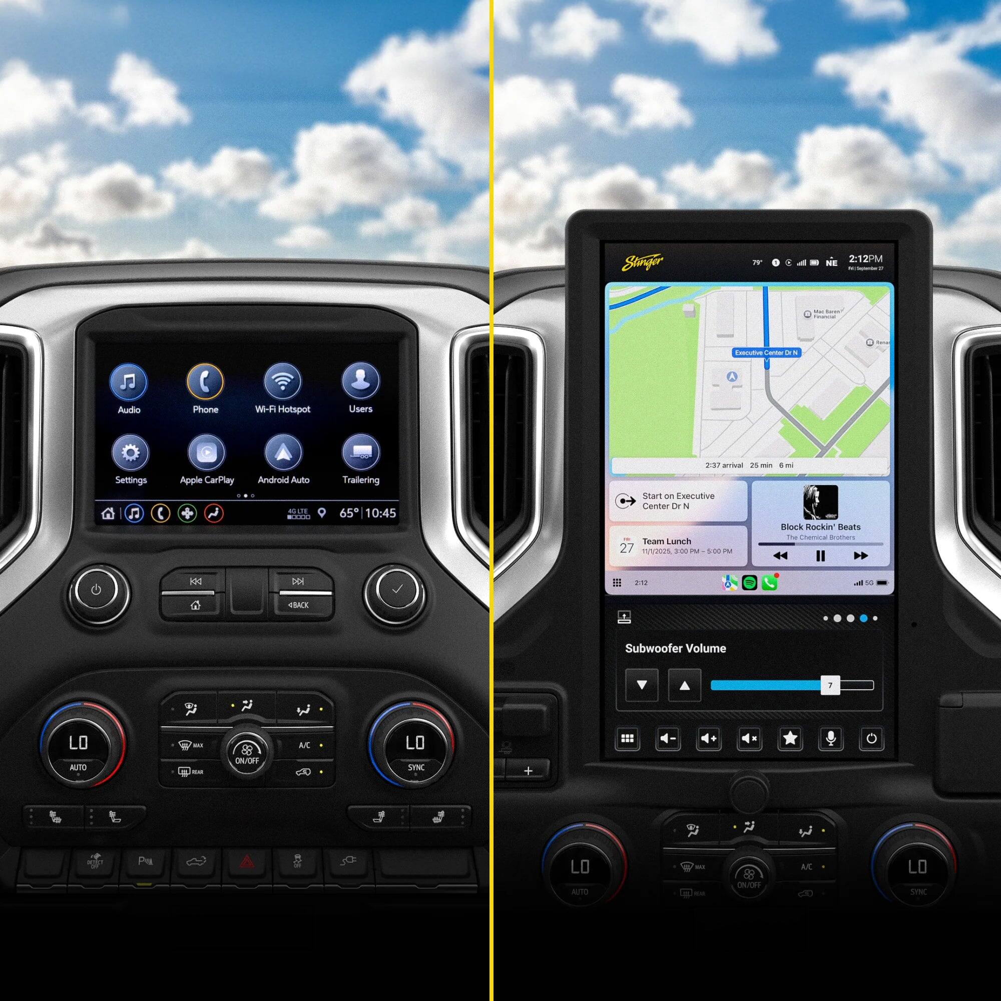 Stenger a 2:12 PM NE - - - - - Audo e Phone WHH Hotspot Users Settings F C Apple CarPlay Android Auto NUE | Trailering 65 10:45 2S ariva 2 - - Start oF Executive Center O N Block Rockin nears -we ChAce Bes Resaus Lunch 27 VRUS a0 - S00 - 1o DI - RSAE Subwoofer Volume 1 P LO MR i - ON/OH AC LO SYNC + :2 d Prg LO NUTO - CRLORT AC 100 LO STR