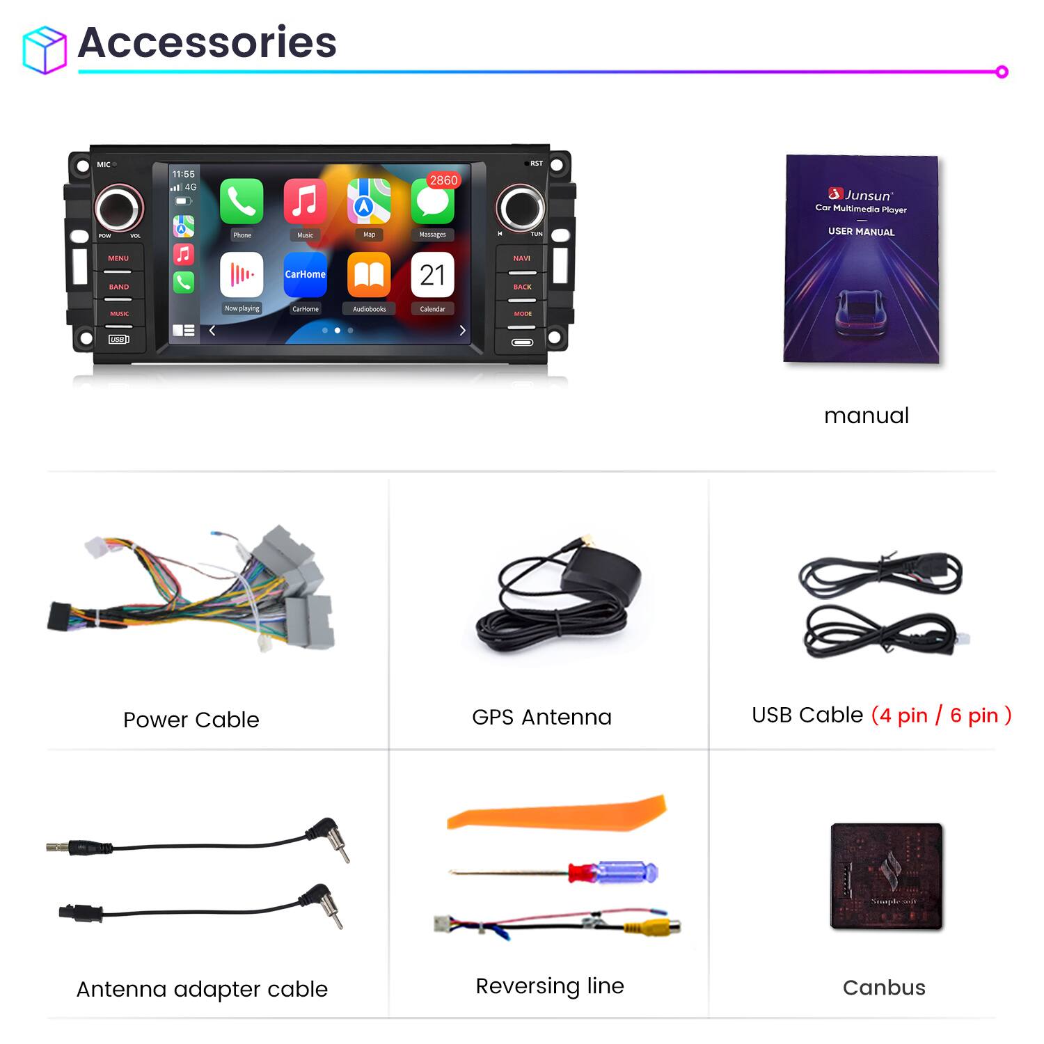 Accessories

- Manual
- Power Cable
- GPS Antenna
- USB Cable (4 pin / 6 pin)
- Antenna adapter cable
- Reversing line
- Canbus