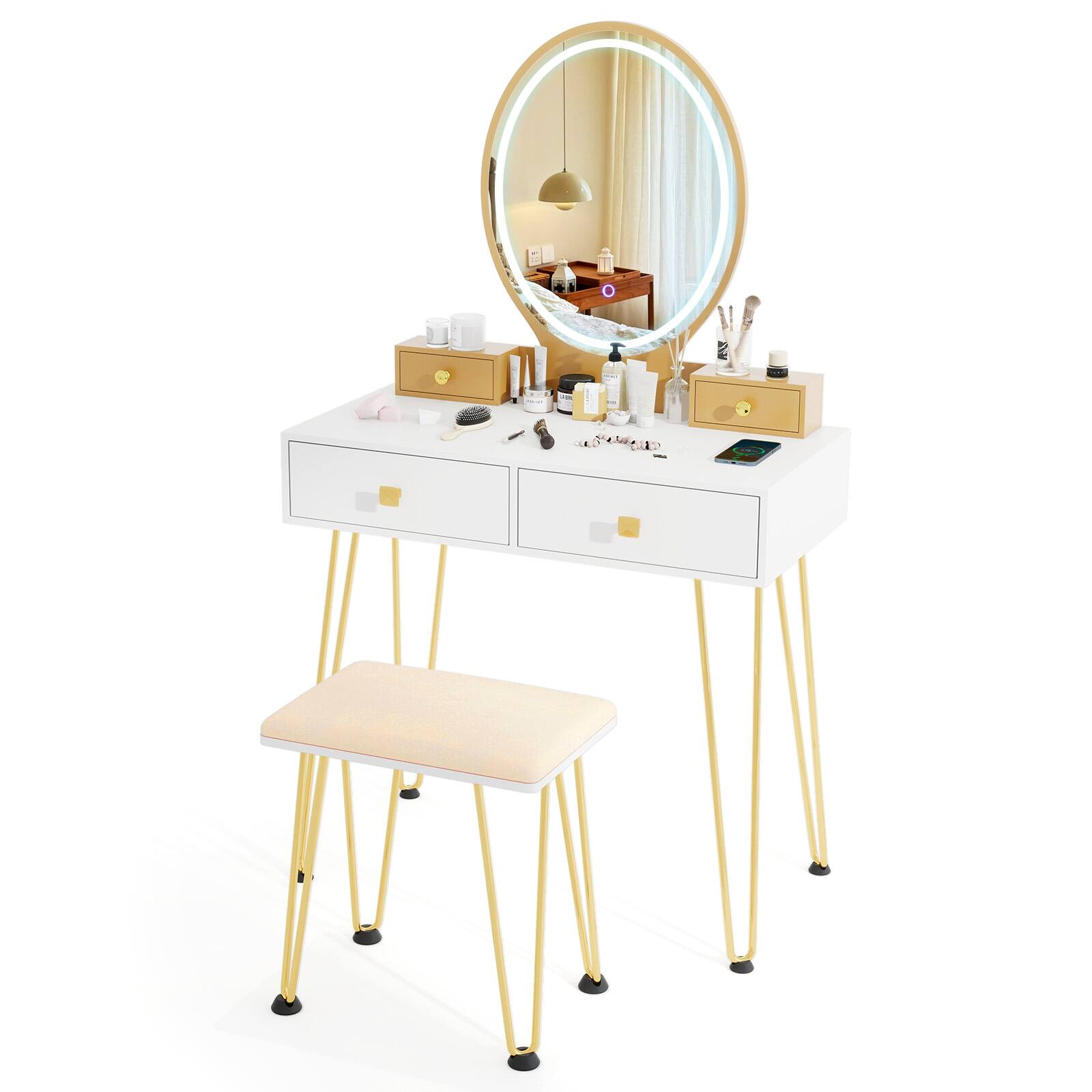 Back. SlickBlue - Vanity Table Set with 3-Color Dimmable Lighted Mirror and Storage Drawers - White.