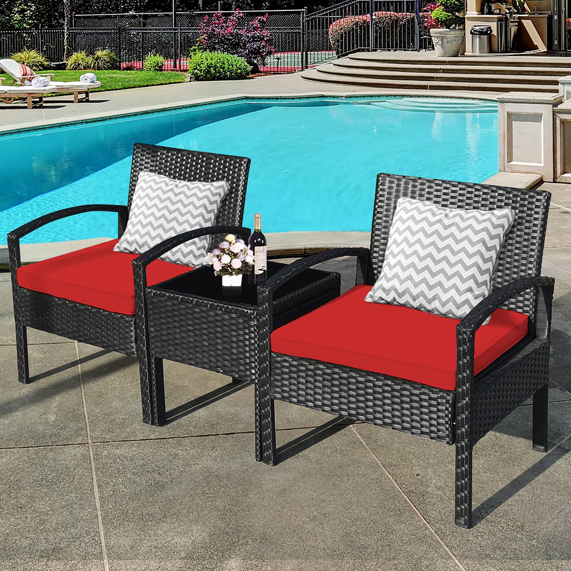 Alt View 5. Costway - Costway 3PCS Patio Rattan Furniture Set Table Conversation Sofa Cushioned - Red.