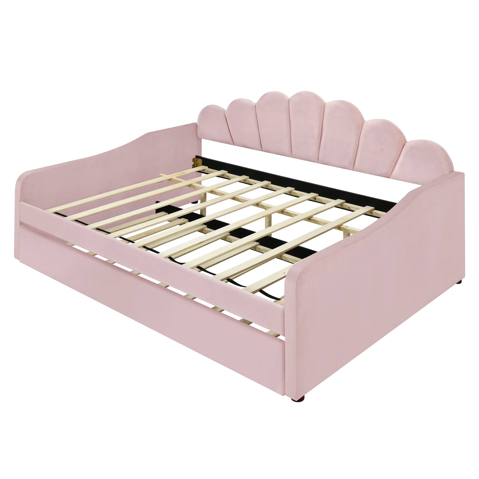 Back. Whisen - Full Size Upholstered Daybed Frame with Pull-out Trundle and Curved Backrest for Guest Bedroom - Pink.