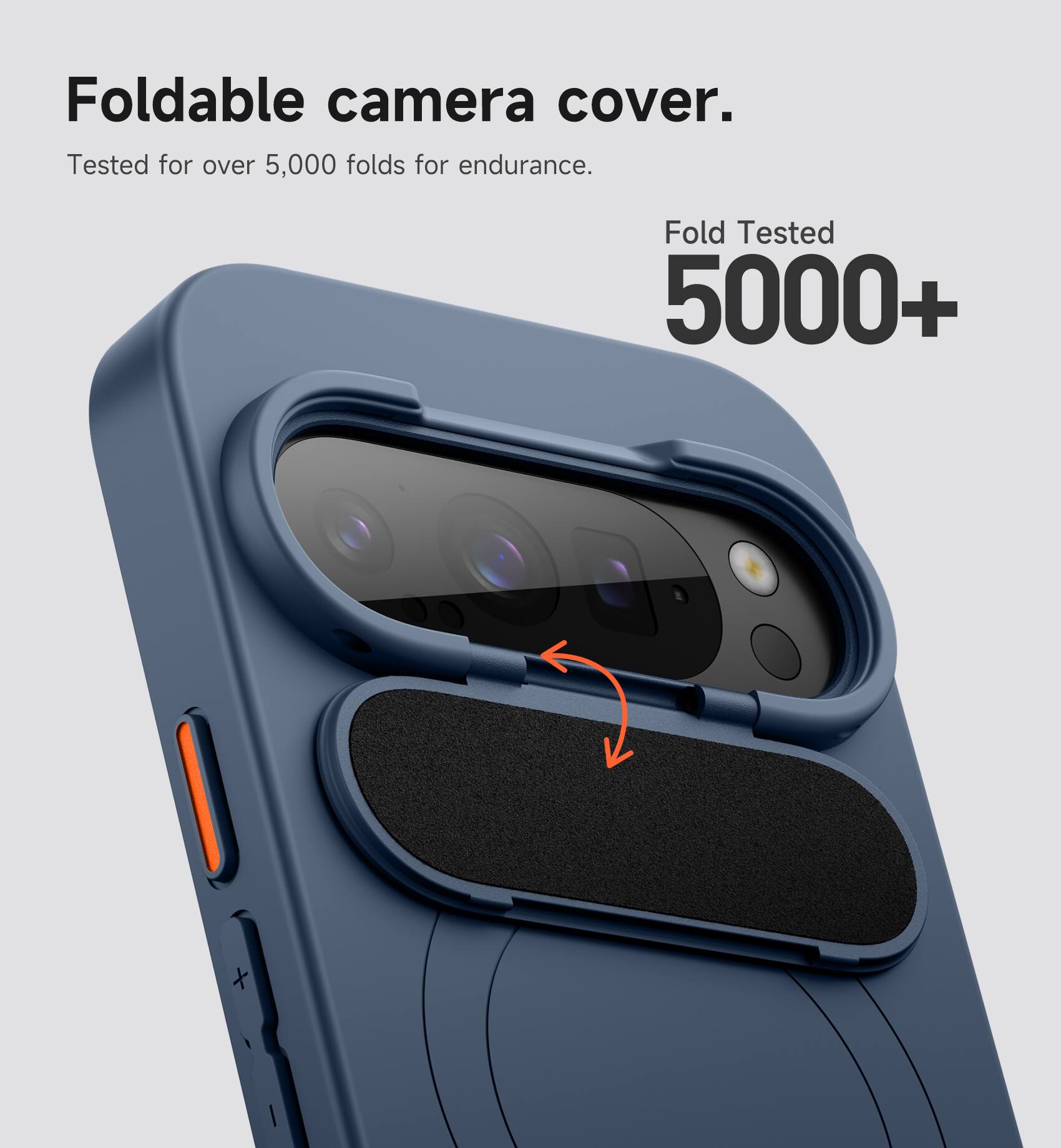 Foldable camera cover.  
Tested for over 5,000 folds for endurance.  
Fold Tested 5000+