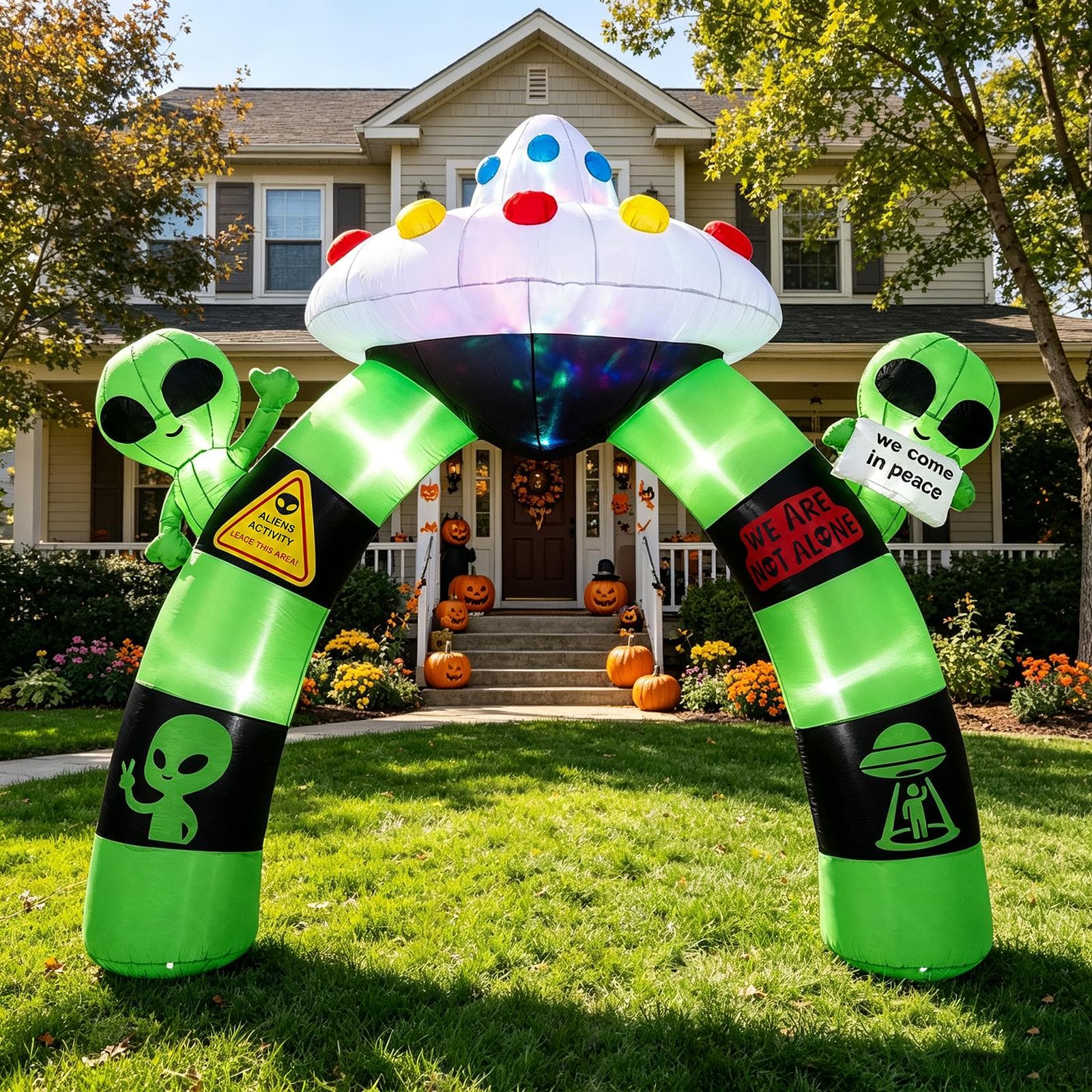 Costway - 9.8 FT Alien Halloween Inflatable Archway with Lights Waving Alien UFO 4 Wind Ropes - Green