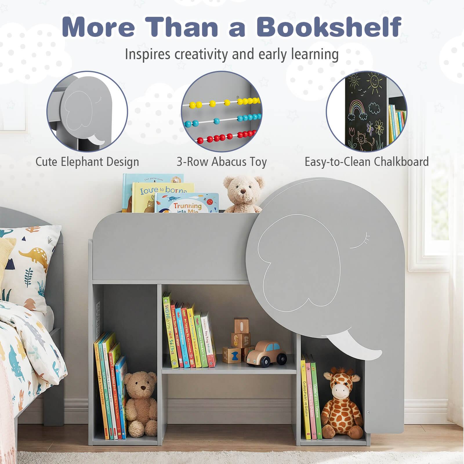More Than a Bookshelf  
Inspires creativity and early learning  

Cute Elephant Design  
3-Row Abacus Toy  
Easy-to-Clean Chalkboard