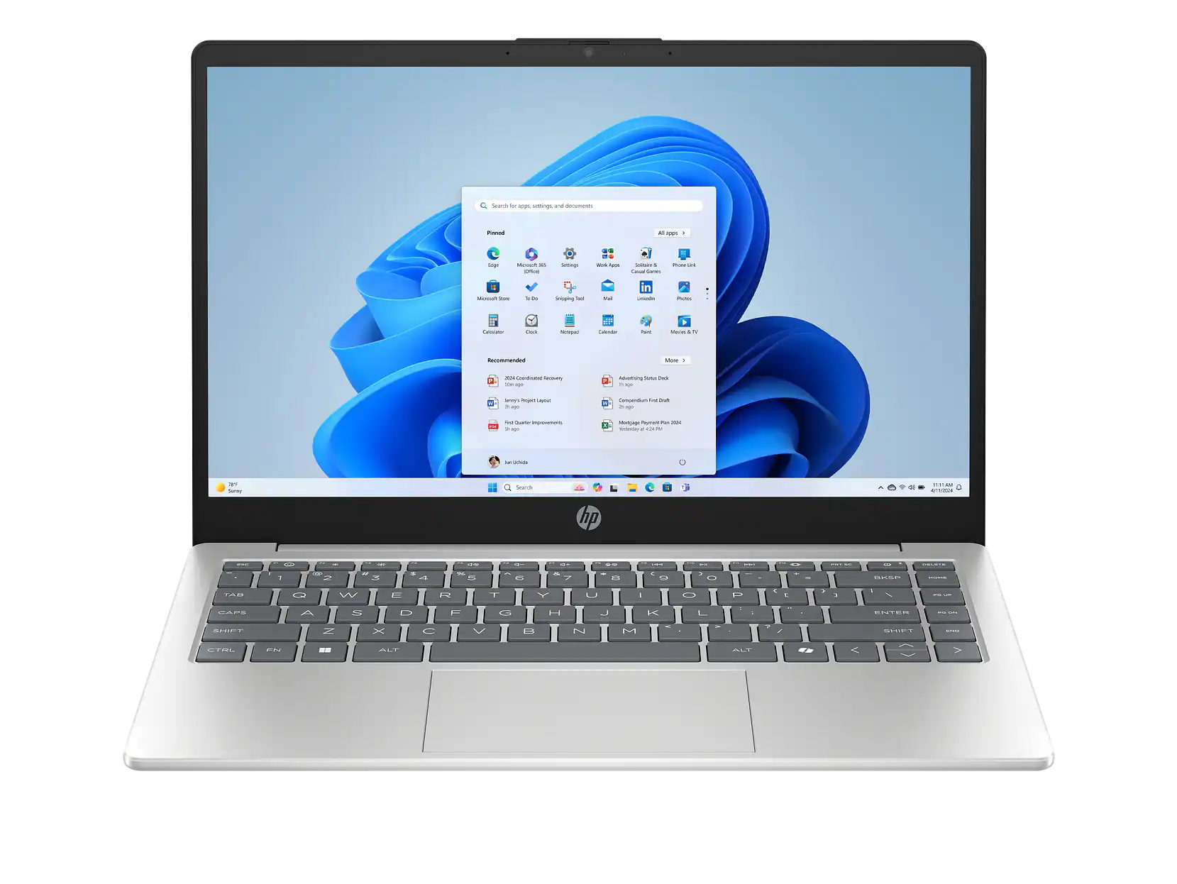 Search for apps, settings, and documents

Pinned
- Edge
- Microsoft 365
- Settings
- Workspaces
- Casual Games
- Phone Link
- Microsoft Store
- To Do
- Snipping Tool
- Mail
- in
- Phone
- Movies & TV

Recommended
- 2024 Coordinated Recovery
- Jeremy Project Layout
- First Quarter Improvements
- Advertising Status Deck
- Commodity First Draft
- Mortgage Payment Plan 2024

All apps >

Search

An Unnamed