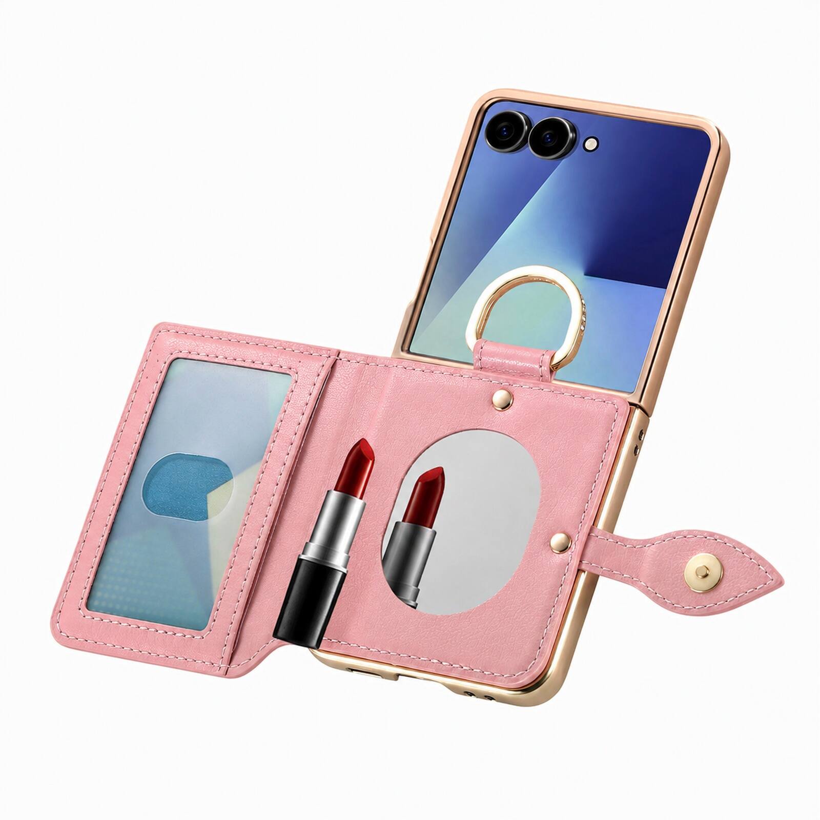 Angle. Dteck - Zipper Wallet Card Pocket Back Cover for Samsung Galaxy Z Flip8 with Mirror Design, Shockproof Finger Ring Rugged Cover - Pink.