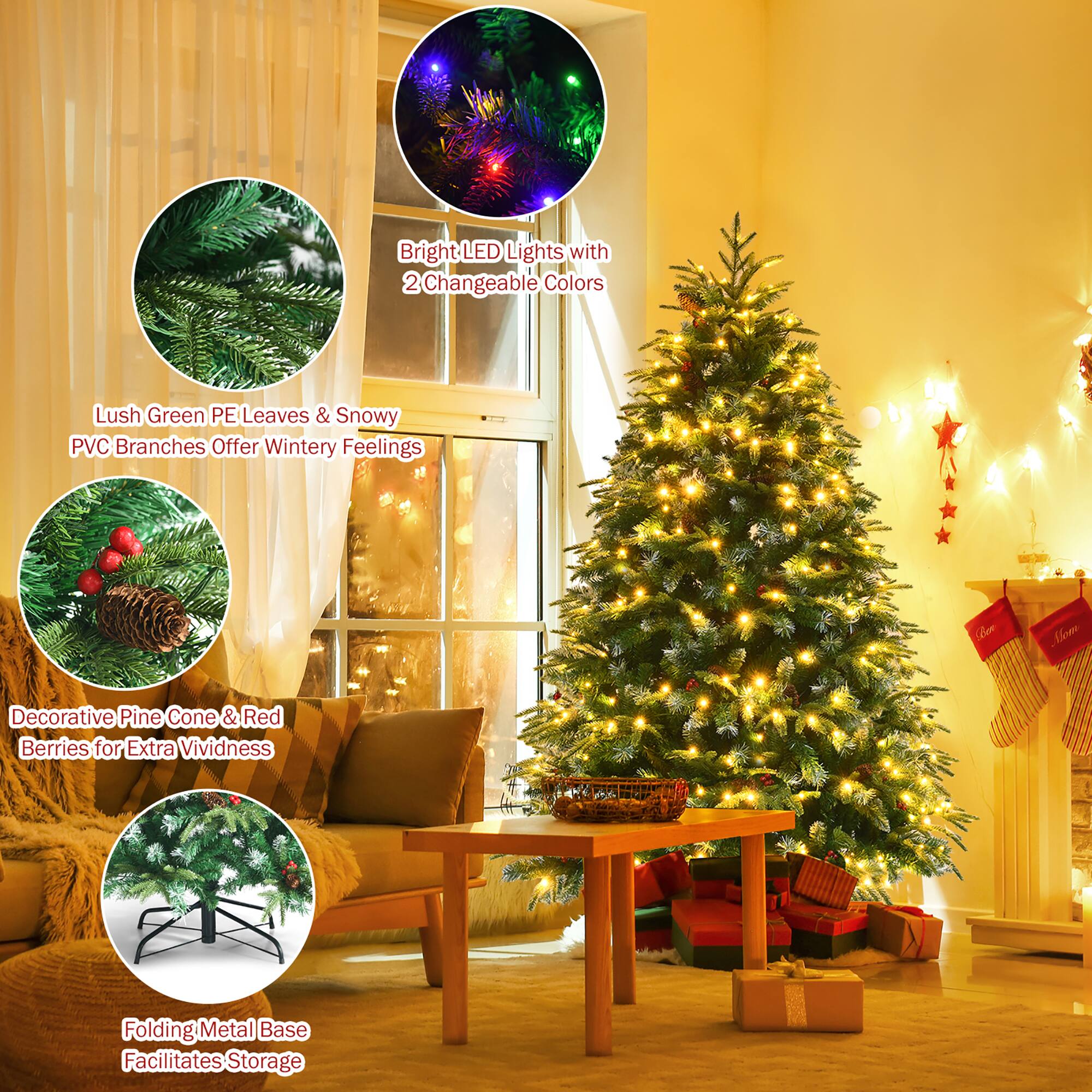 The text on the image is grouped and corrected as follows:

1. Bright LED Lights with 2 Changeable Colors
2. Lush Green PE Leaves & Snowy PVC Branches Offer Wintery Feelings
3. Decorative Pine Cone & Red Berries for Extra Vividness
4. Folding Metal Base Facilitates Storage

The text is grouped by their respective categories, and the spelling and grammar have been corrected to ensure clarity and accuracy.