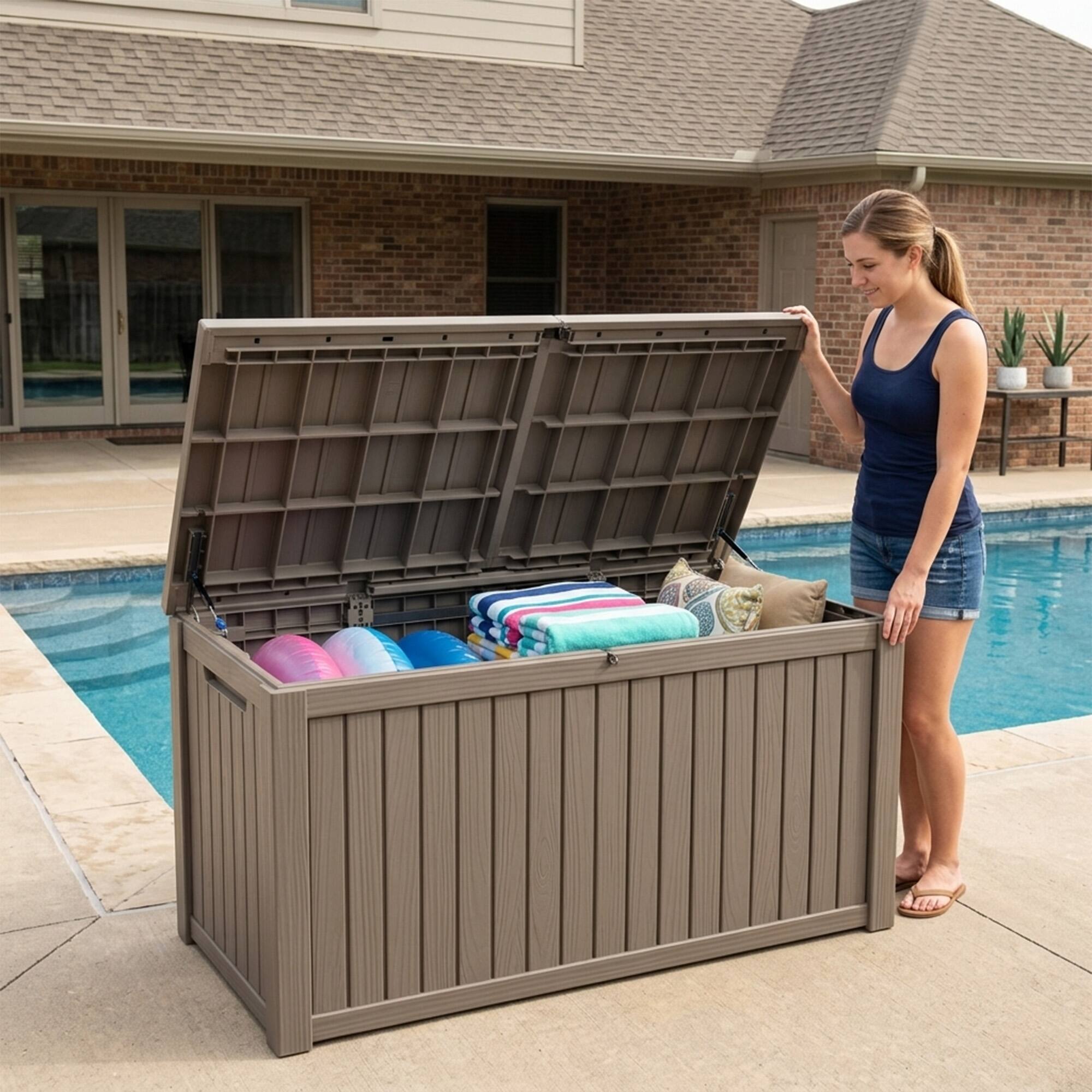 Angle. Yardgrace - 220 Gallon Outdoor Storage Box, Resin Waterproof UV-Resistant Deck Box, Reinforced Stability for Patio, Garden - Brown.