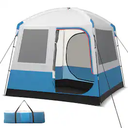 Gymax - Camping Tent for 3-5 People Cabin Shelter w/ Large Double-Layer Mesh Front Door - Blue, White