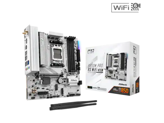 ASRock B850M PRO RS WiFi WHITE
PRO SERIES
AMD Ryzen
WIFI 6E
HDMI
850