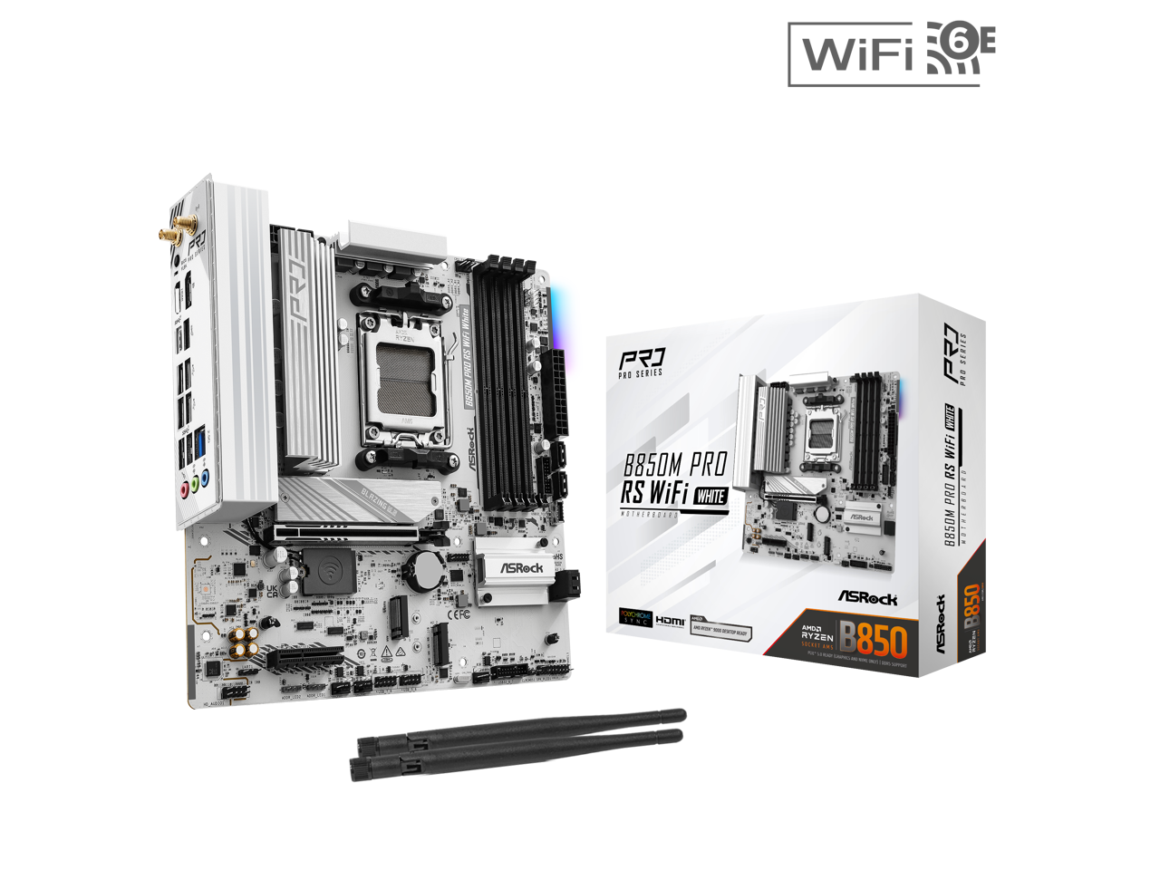 ASRock B850M PRO RS WiFi WHITE  
PRO SERIES  
AMD Ryzen  
WIFI 6E  
HDMI  
850