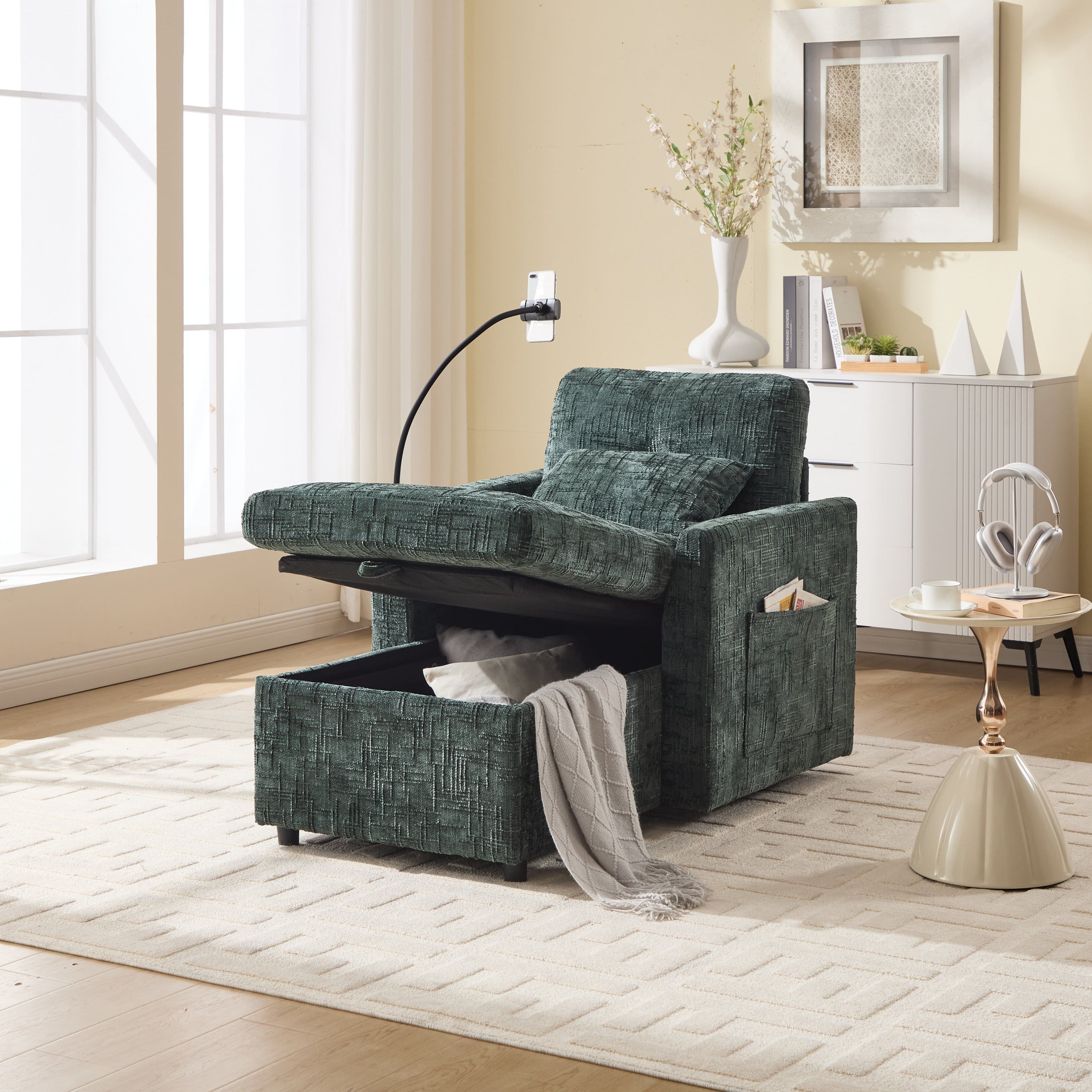 Trinkets Crazed - Lazy Person Sofa Couch, Multifunctional Chenille Single Leisure Chair with Storage Backrest, Cell Phone Bracket - Emerald
