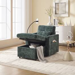 Trinkets Crazed - Lazy Person Sofa Couch, Multifunctional Chenille Single Leisure Chair with Storage Backrest, Cell Phone Bracket - Emerald