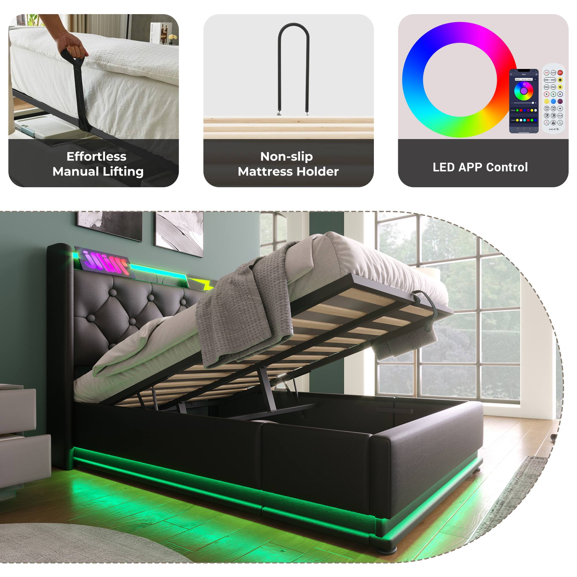 Effortless Manual Lifting Non-slip Mattress Holder LED APP Control
