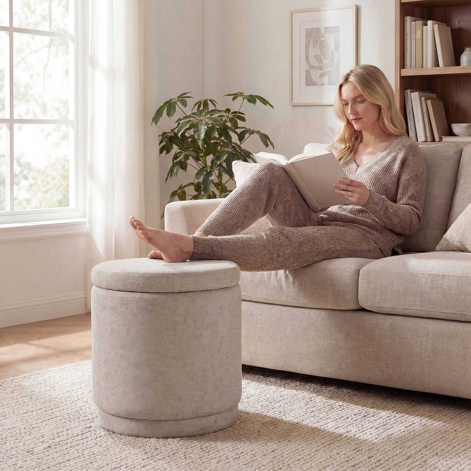 Alt View 1. Costway - Costway Round Storage Ottoman Foot Rest with Removable Lid 400 LBS Weight Capacity for Home - Beige.