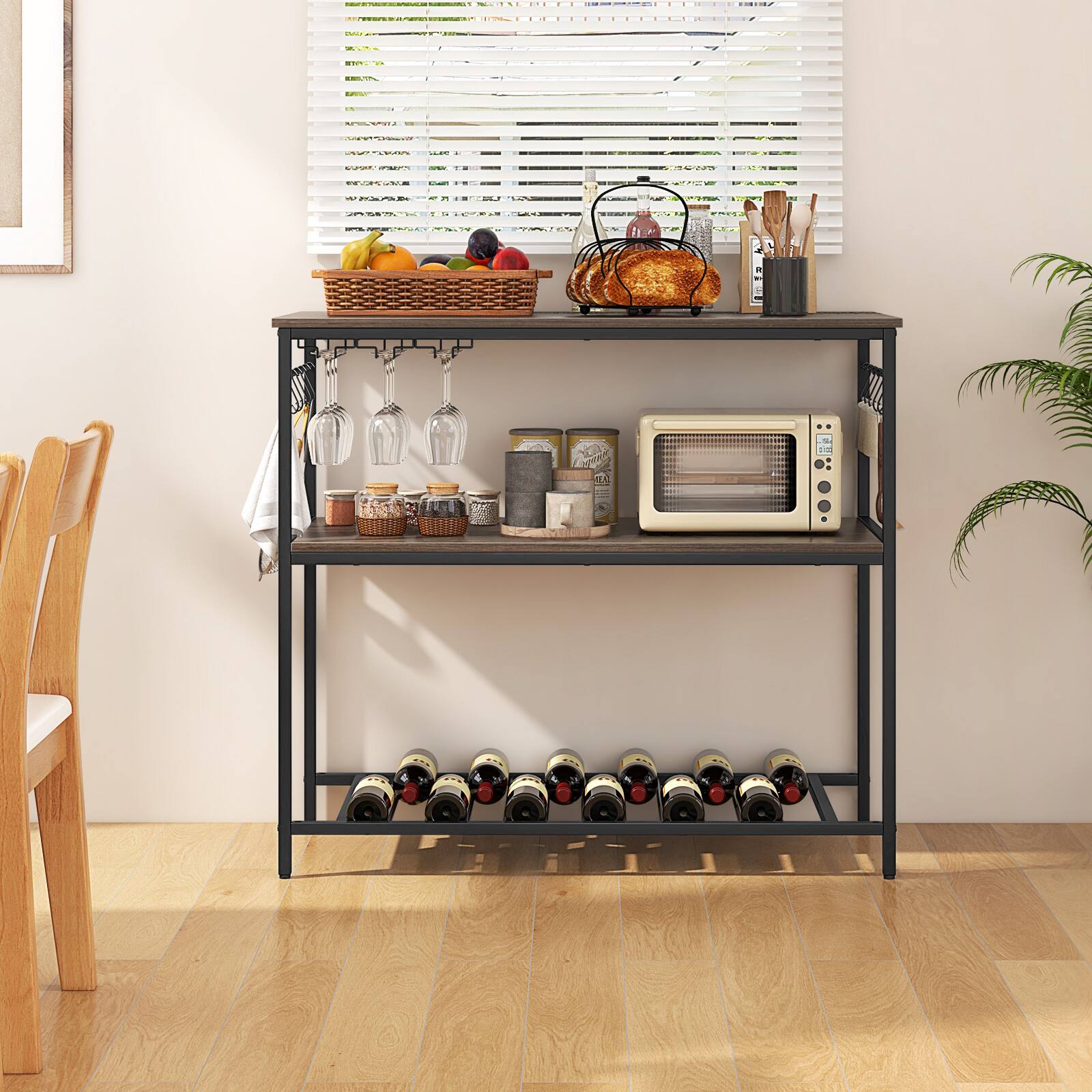Alt View 2. SlickBlue - Kitchen Island Cart with 3 Shelves, Glass Holders and 10 Hanging Hooks - Grey.