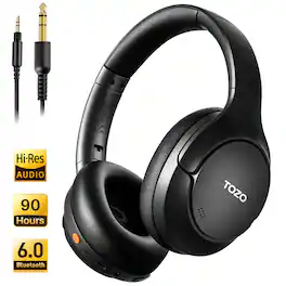 TOZO - HT3 Wire/Wireless AI Noise Cancel Over Ear Bluetooth 6.0 Headphone, 90H, Hi-Res, APP 32EQ, Foldable Adjustable Headband - Black