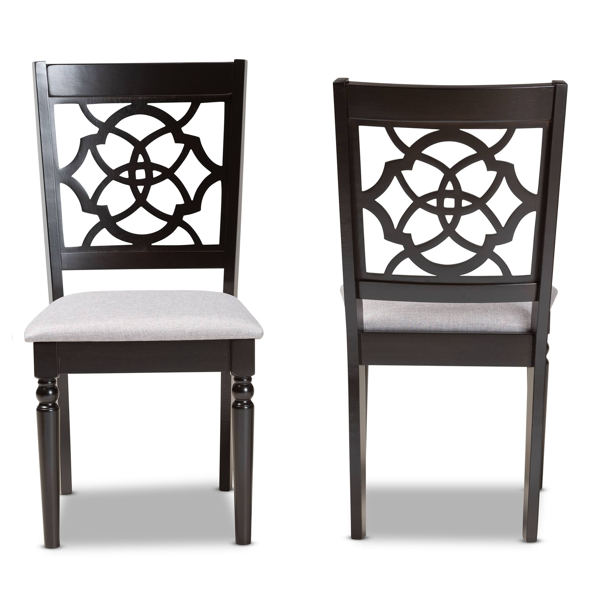 Angle. Baxton Studio - Renaud Modern Fabric Upholstered and Finished Wood 2-Piece Dining Chair Set - Grey/dark brown.