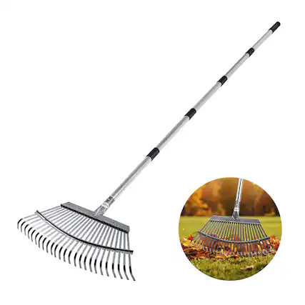 Front. VEVOR - Leaf Rake, 25 Metal Tines, Adjustable Garden Rake for Lawns with 18.3 Inch Wide Head & 36.4-72.8 Inch Long Handle - Sliver.