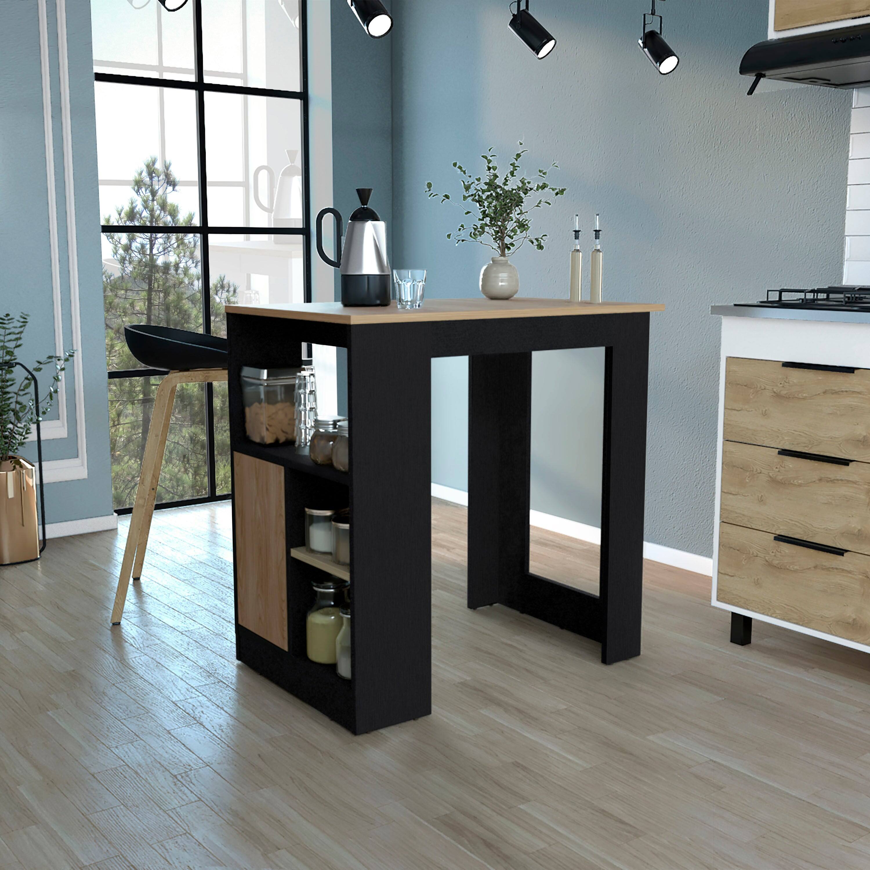 Angle. TuHome - Kitchen Island Side Shelves and Push to Open Cabinet Black Wengue Natural Oak – Freestanding Storage - Black.
