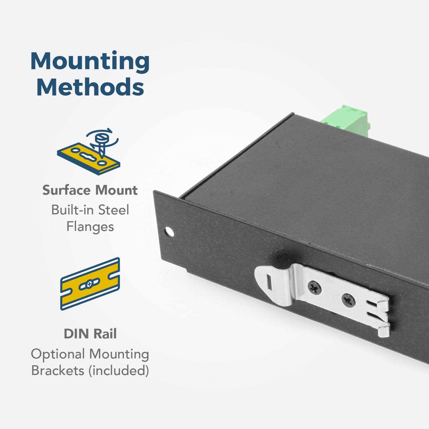 Mounting Methods  
Surface Mount  
Built-in Steel Flanges  
DIN Rail  
Optional Mounting Brackets (included)