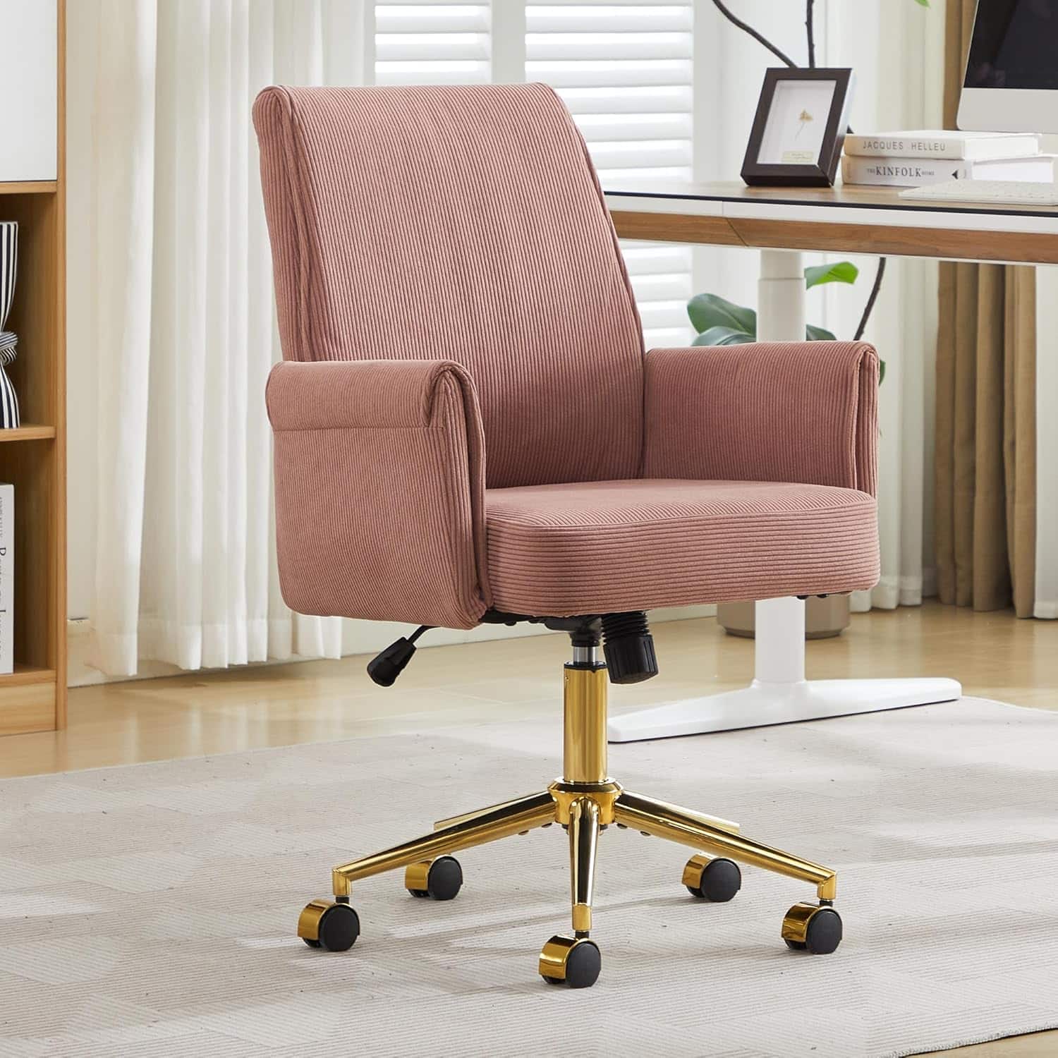 Trinkets Crazed - Stripes Velvet 360°Swivel Desk Chair, Modern Height Adjustable Home Office Armchair with Gold Base and Wheels - Pink