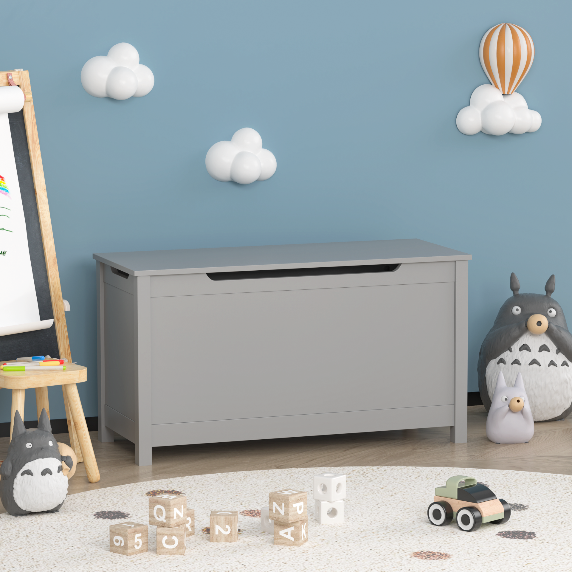 Back. GOODSILO - Kids' Toy Box: Large Wooden Storage Chest with Safety Lid for Playroom Organization - Gray.