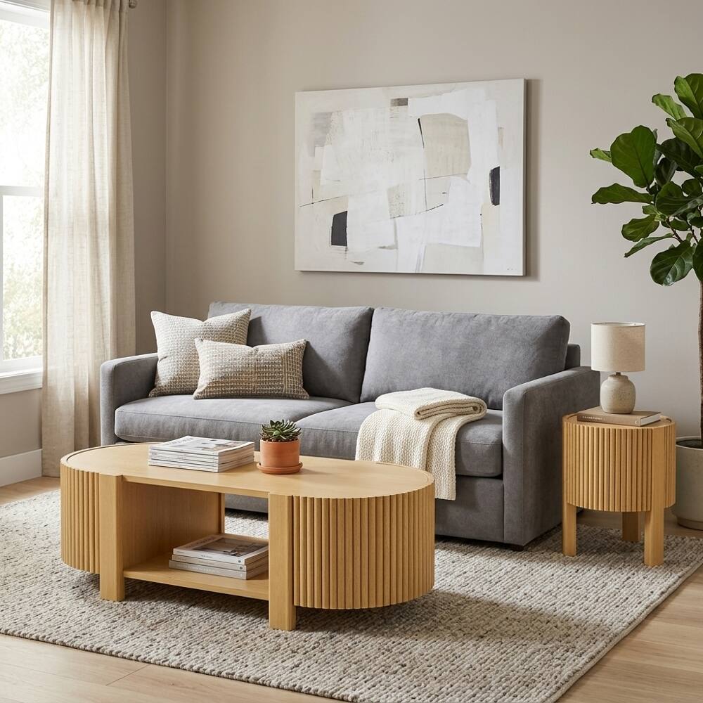 Left. Loheer - Loheer 2 Piece Solid Wood Coffee Table Set Natural Modern Oval Living Room Table Set with Soft-Close Doors 47 Inch - Natural.
