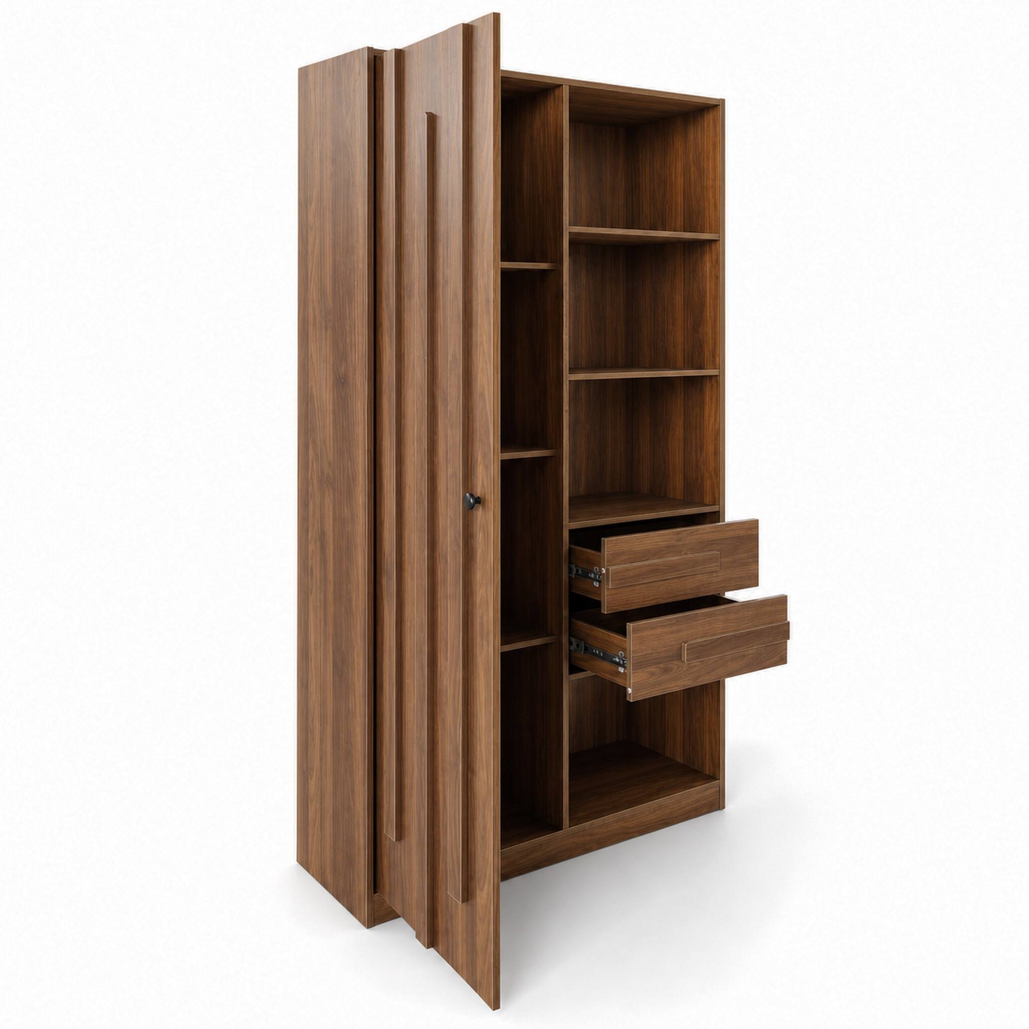 Alt View 6. Forest'nSky - 13.78 in. W x 39.37 in. D x 68.90 in. H Walnut Freestanding Tall Cabinet with Fluted Door, 2 Drawers and Open Shelves - Walnut.