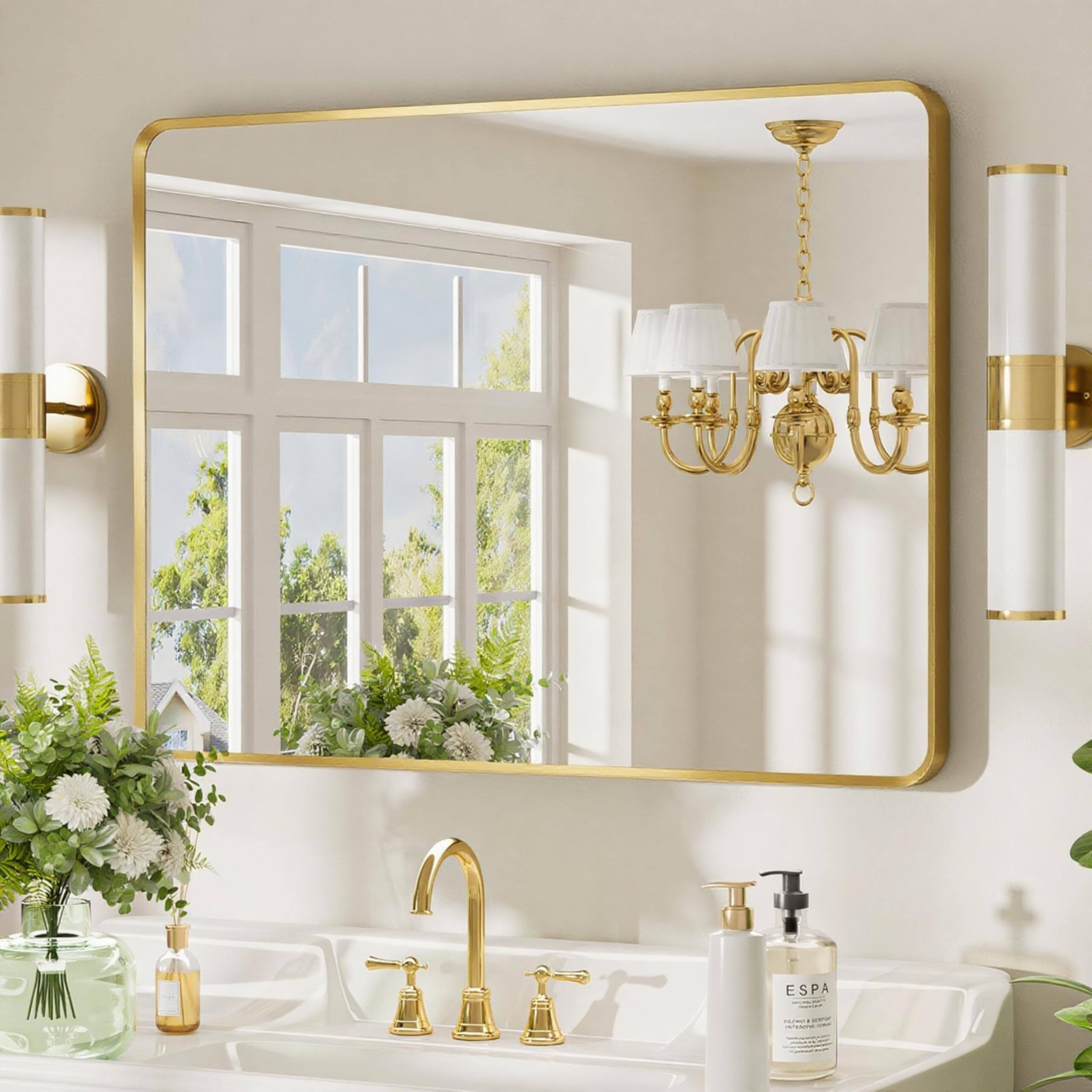 Comfort Essence - Bathroom Mirror Rounded Rectangle Metal Framed Vanity Wall Hd Tempered Glass Horizontal Or Vertical Hanging - Brushed Gold-32"L x 24"W