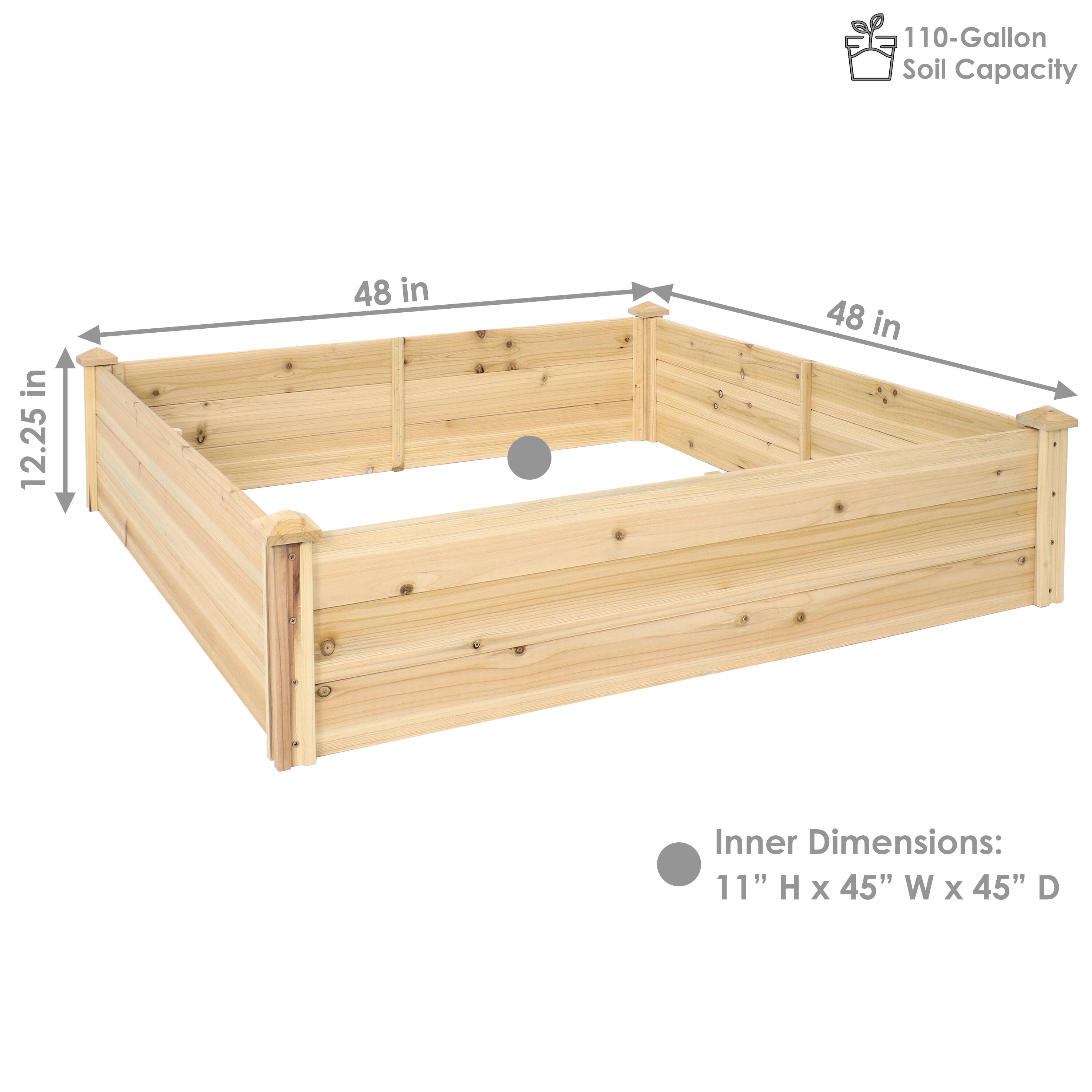 110-Gallon Soil Capacity

Inner Dimensions: 11" H x 45" W x 45" D

12.25" H x 48" W x 48" D