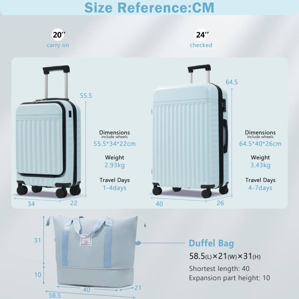 **Size Reference: CM**

**20" carry on**
- Dimensions (include wheels): 55.5*34*22cm
- Weight: 2.93kg
- Travel Days: 1-4 days

**24" checked**
- Dimensions (include wheels): 64.5*40*26cm
- Weight: 3.43kg
- Travel Days: 4-7 days

**Duffel Bag**
- Dimensions: 58.5(L)x21(w)x31(H)
- Shortest length: 40
- Expansion part height: 10