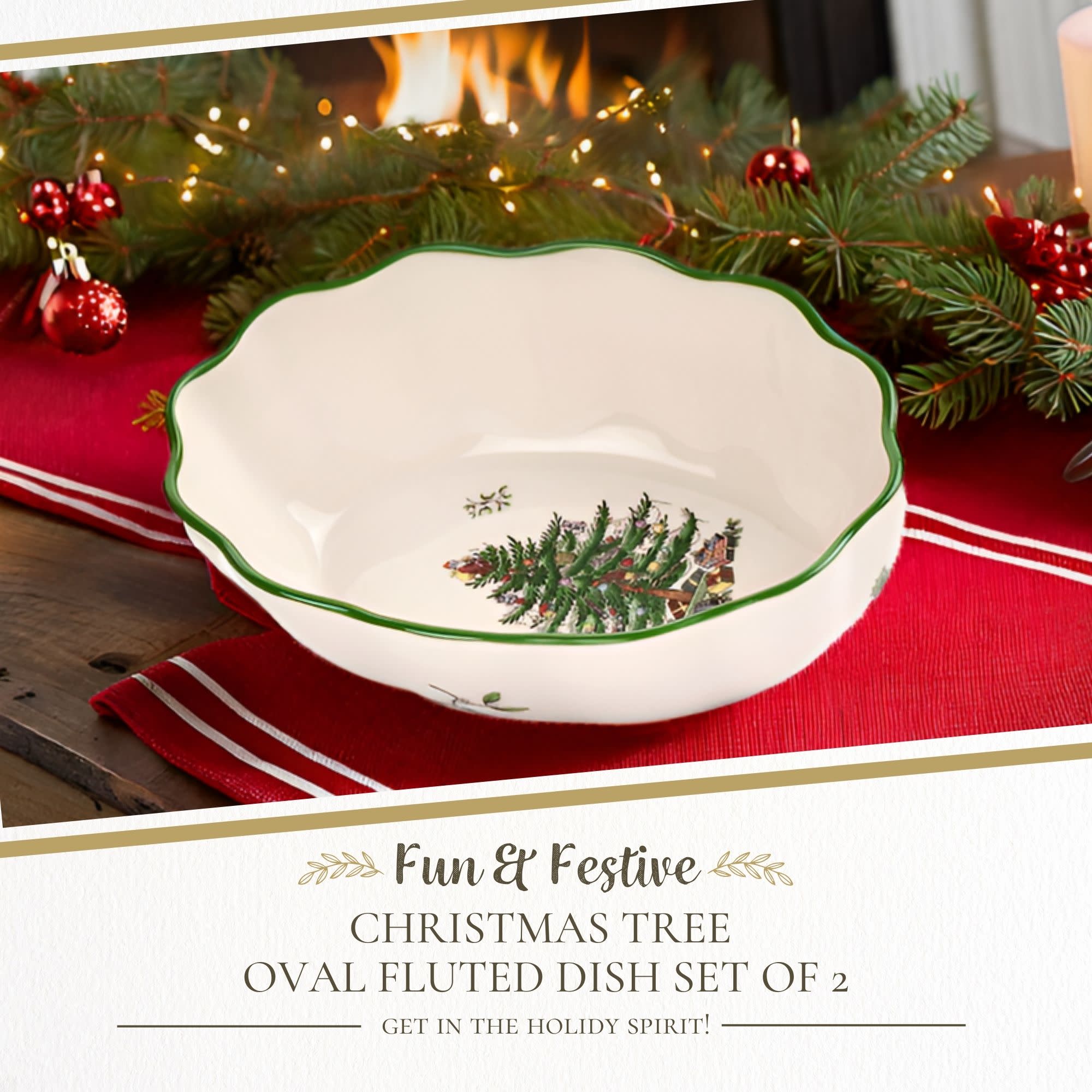 Fun & Festive CHRISTMAS TREE OVAL FLUTED DISH SET OF 2 GET IN THE HOLIDAY SPIRIT!