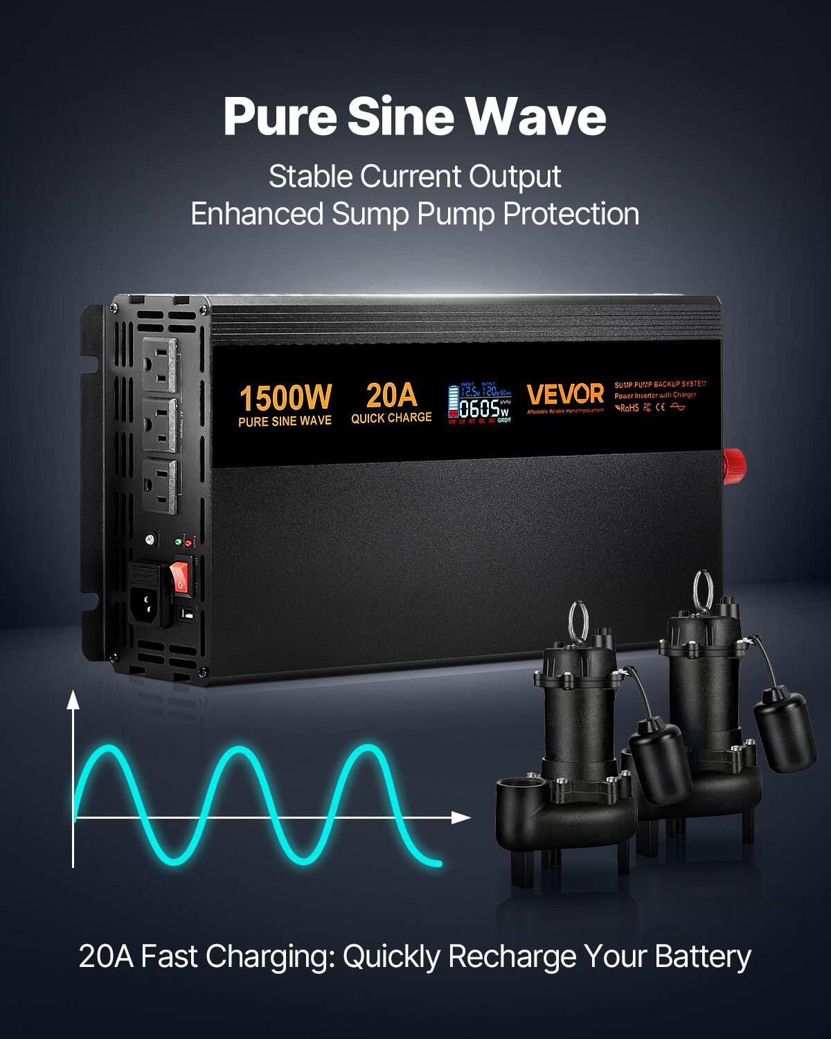 Pure Sine Wave Stable Current Output Enhanced Sump Pump Protection

NOVE and SUMP PUMP BACKUP SYSTEM 20A $2.5g Cuvida VEVOR Power Inverter with Charger 1500W !!!!!!! 0605 W SALUCE ROHS CE

PURE SINE WAVE QUICK CHARGE

20A Fast Charging: Quickly Recharge Your Battery
