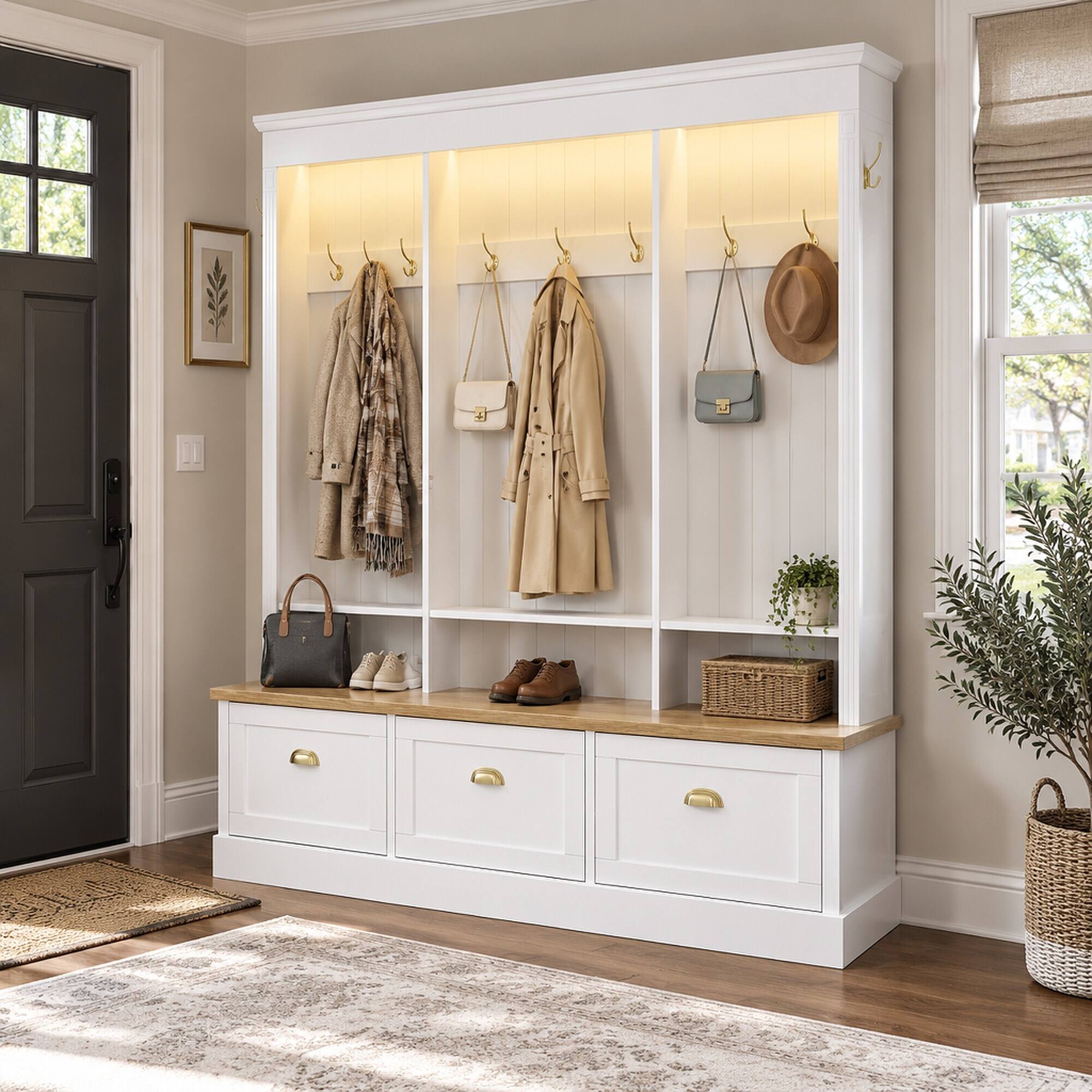 Angle. RYHNUYNE - Elegant LED Light Hall Tree, 9 Hooks, 3 Cabinets, 3 Shelves, Natural Bench, White - White.