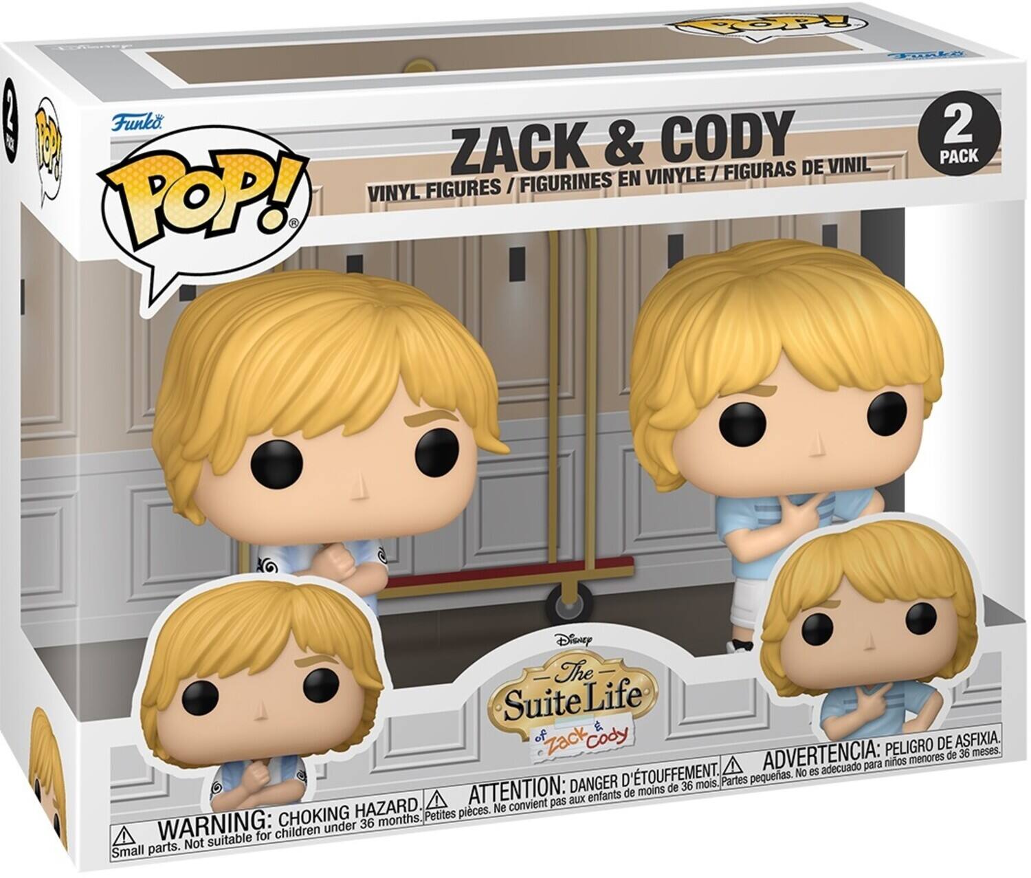 Sure, here is the corrected and grouped text from the image:

---

**Funko POP!**

**ZACK & CODY**

**VINYL FIGURES / FIGURINES EN VINYLE / FIGURAS DE VINIL**

**2 PACK**

**Disney The Suite Life of Zack & Cody**

**WARNING: CHOKING HAZARD. Small parts. Not suitable for children under 36 months.**

**ATTENTION: PELIGRO DE ASFIXIA. Piezas pequeñas. No es adecuado para niños menores de 36 meses.**

**ADVERTENCIA: PELIGRO DE ASFIXIA. Petites pièces. Ne convient pas aux enfants de moins de 36 mois.**

---