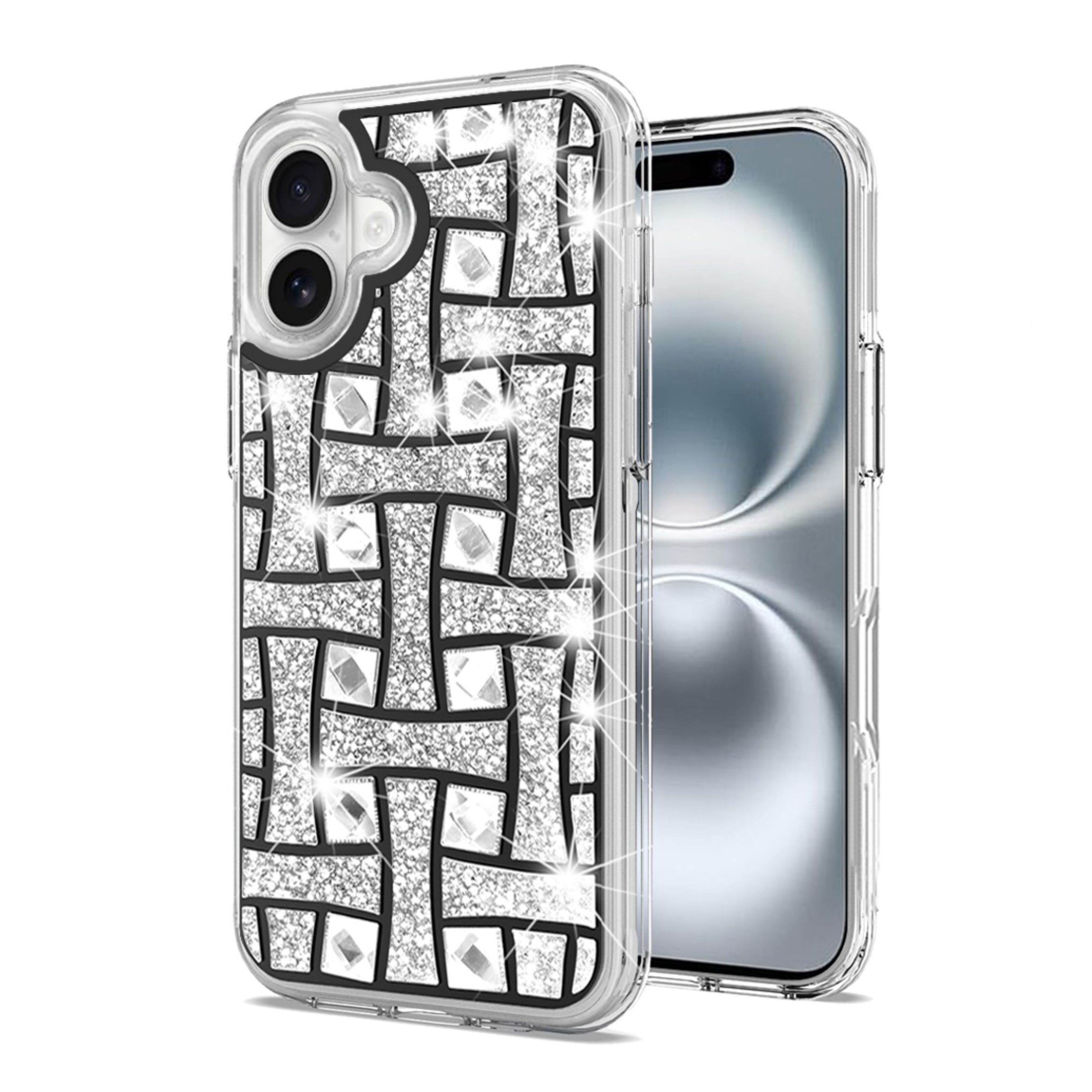 Kitcheniva - Shimmering Bling Hybrid Shockproof Phone Cover With Tempered Glass For iPhone 16 Black Silver - Multicolor price history on PriceWatchPro