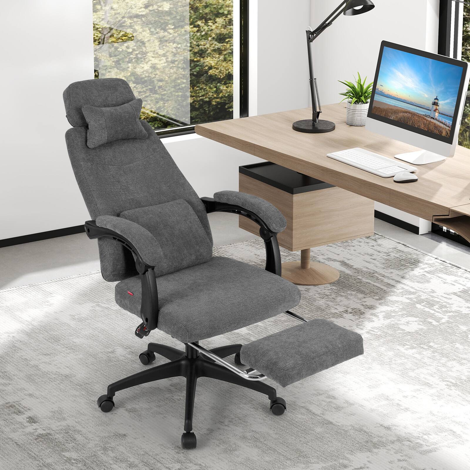 Alt View 1. Gymax - Gymax Reclining Home Office Chair Retractable Footrest High-Back Ergonomic Executive - Gray.