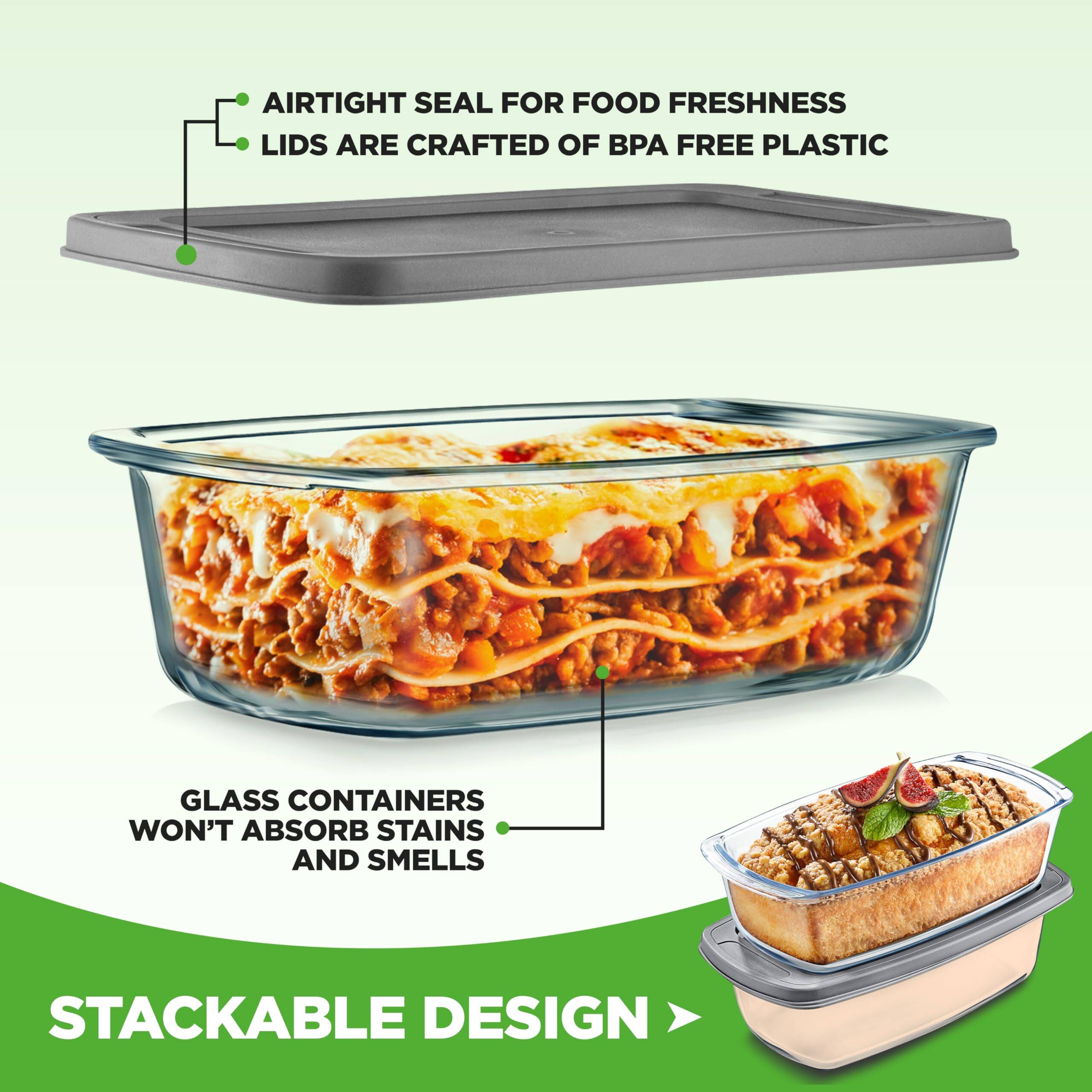 Airtight seal for food freshness. Lids are crafted of BPA-free plastic. Glass containers won't absorb stains and smells. Stackable design.