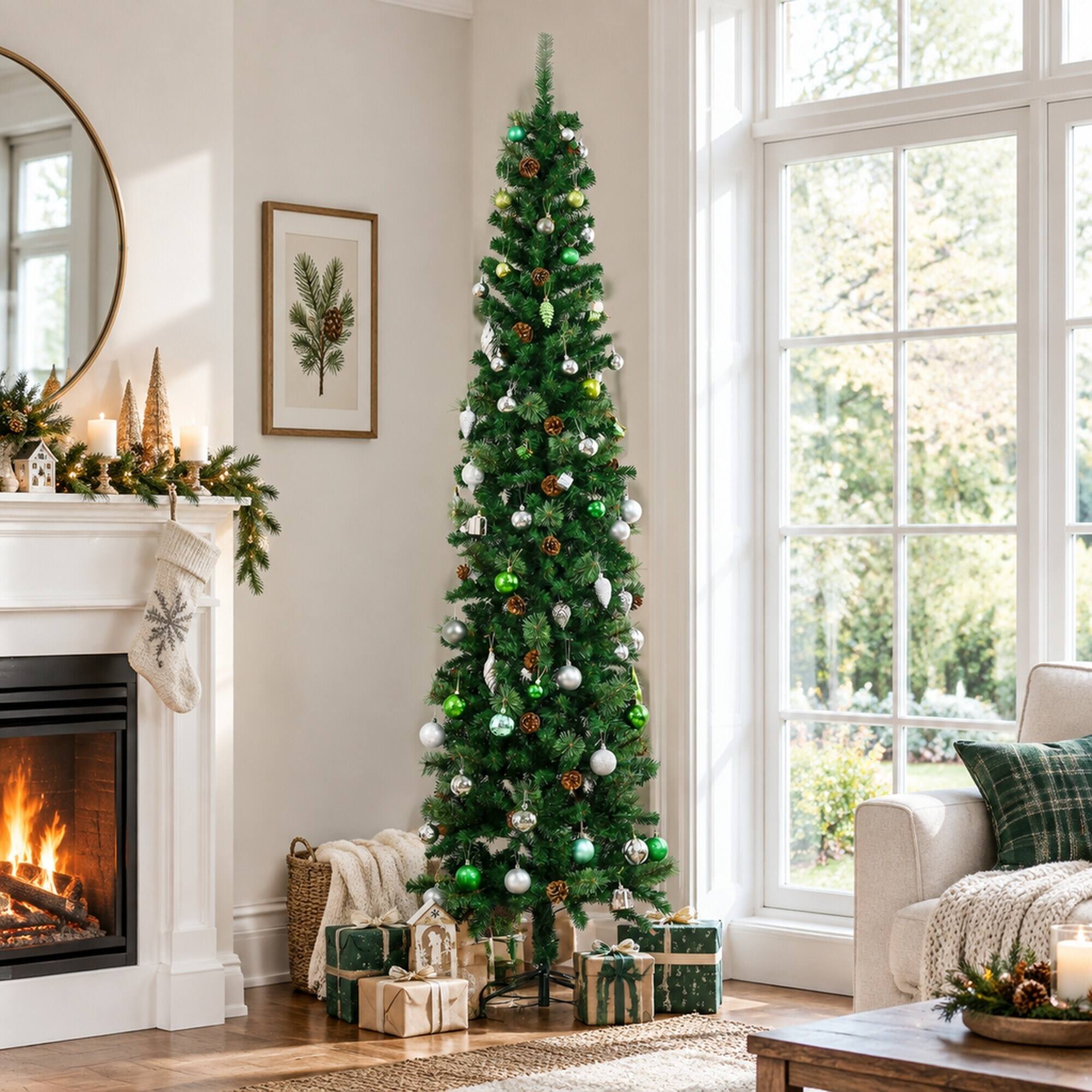 Back. RYHNUYNE - 7.5 Ft Slim Pencil Green Artificial Christmas Tree With Realistic Pine Needle Branches, Pine Cones Metal Base Decor - Green.