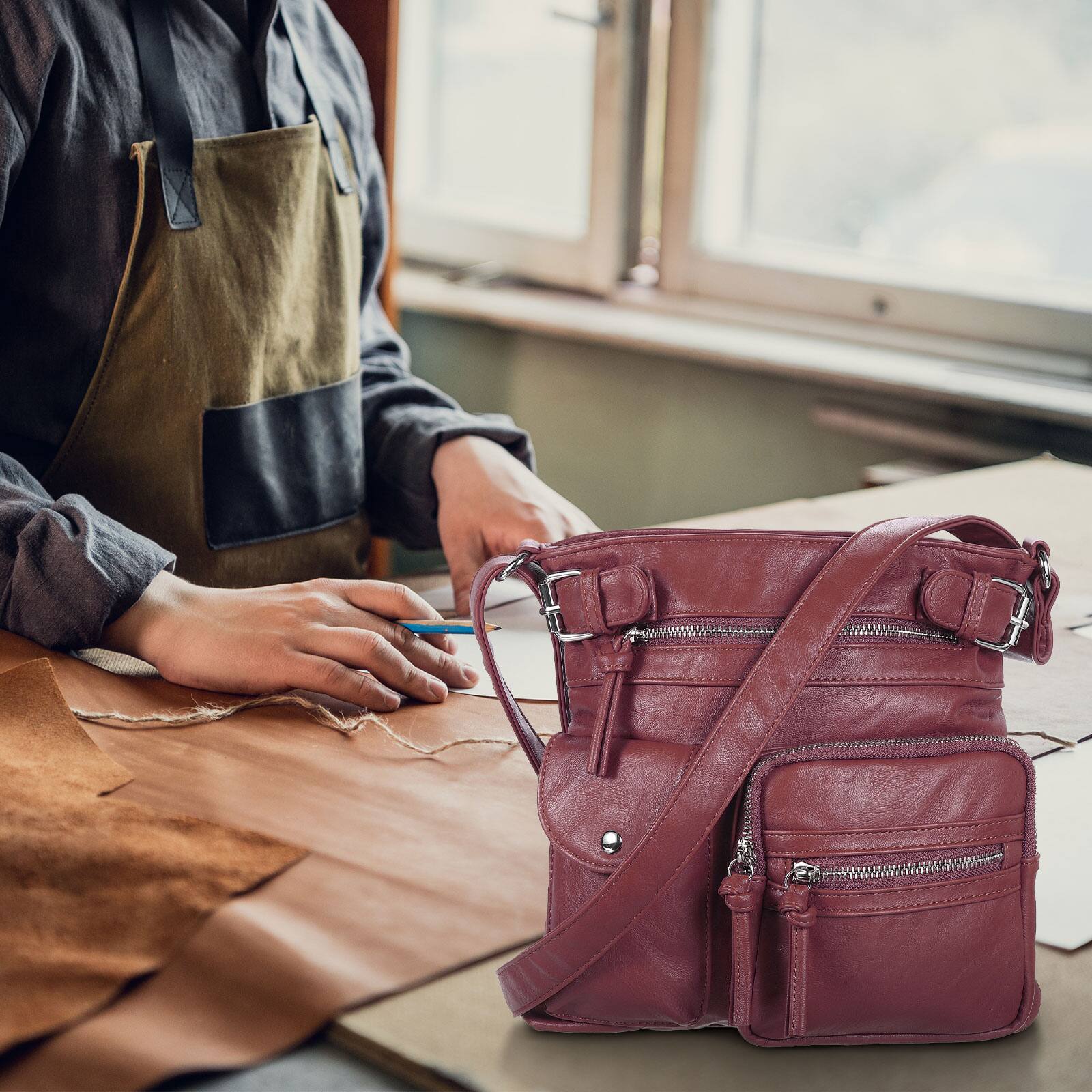 Alt View 5. Unique Bargains - Crossbody Bags for Women PU Leather Multi Pocket with Adjustable Straps Women Shoulder Sling Handbags Soft Purse - Red.