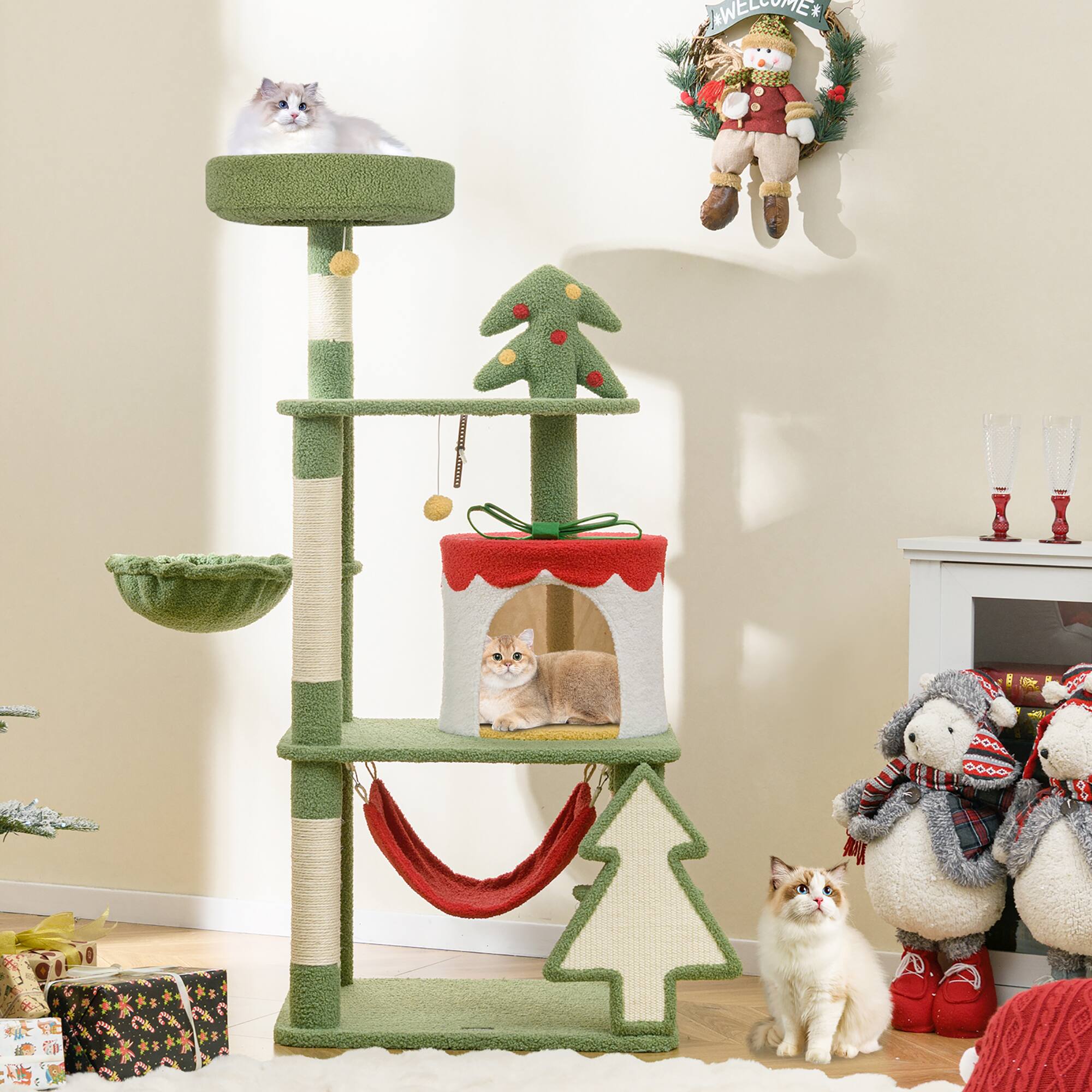 Alt View 4. Gymax - Gymax 52'' Tall Christmas Cat Tree w/ Sisal Scratching Posts Gift Box Shaped Condo - GYM15379.