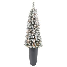 BreeBe - 4' Flocked Pencil Christmas Tree w/100 Light in Gray Planter - White, Green